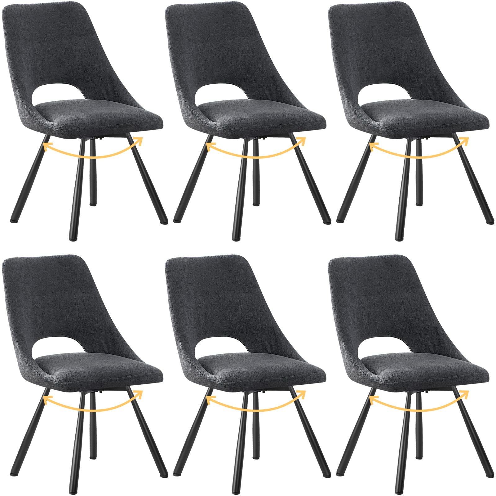 ANVOFONG Set di 6 Sedie da Pranzo Girevoli, Rotazione 180°, Sedia Girevoli, Cotone Cashmere con Piedini in Metallo Nero per Sala da Pranzo, Cucina, Camera da Letto, Grigio Scuro