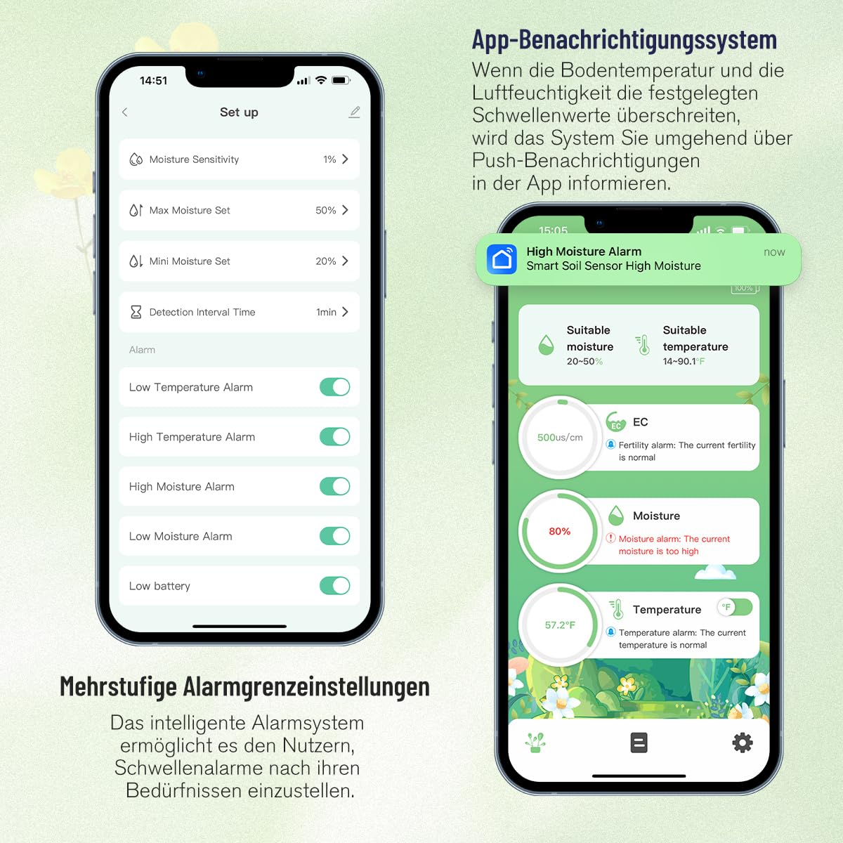 Smart 3-in-1 Bodenfeuchtigkeits-/Temperatur-/Düngemessgerät, digitaler Bodensensor mit Tuya/Smart Life APP-Push-Benachrichtigung für Garten/Landwirtschaft/Rasen