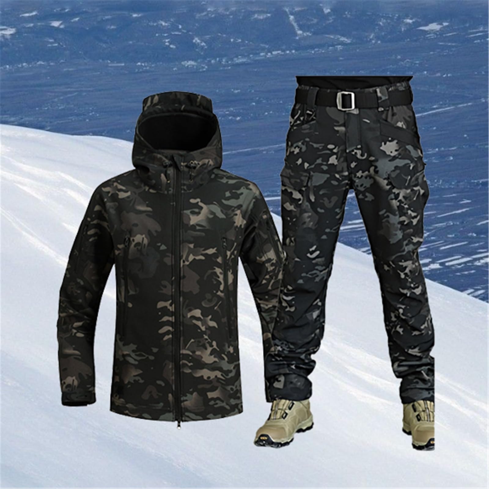 CLSQLXYJZC Completo Giacca E Pantaloni Da Uomo, Set Da 2 Pezzi Di Tuta Da Sci Con Cappuccio Mimetica Antivento Calda E Resistente All'usura, Tute Da Neve Per Sport All'aria Aperta Con Fascia