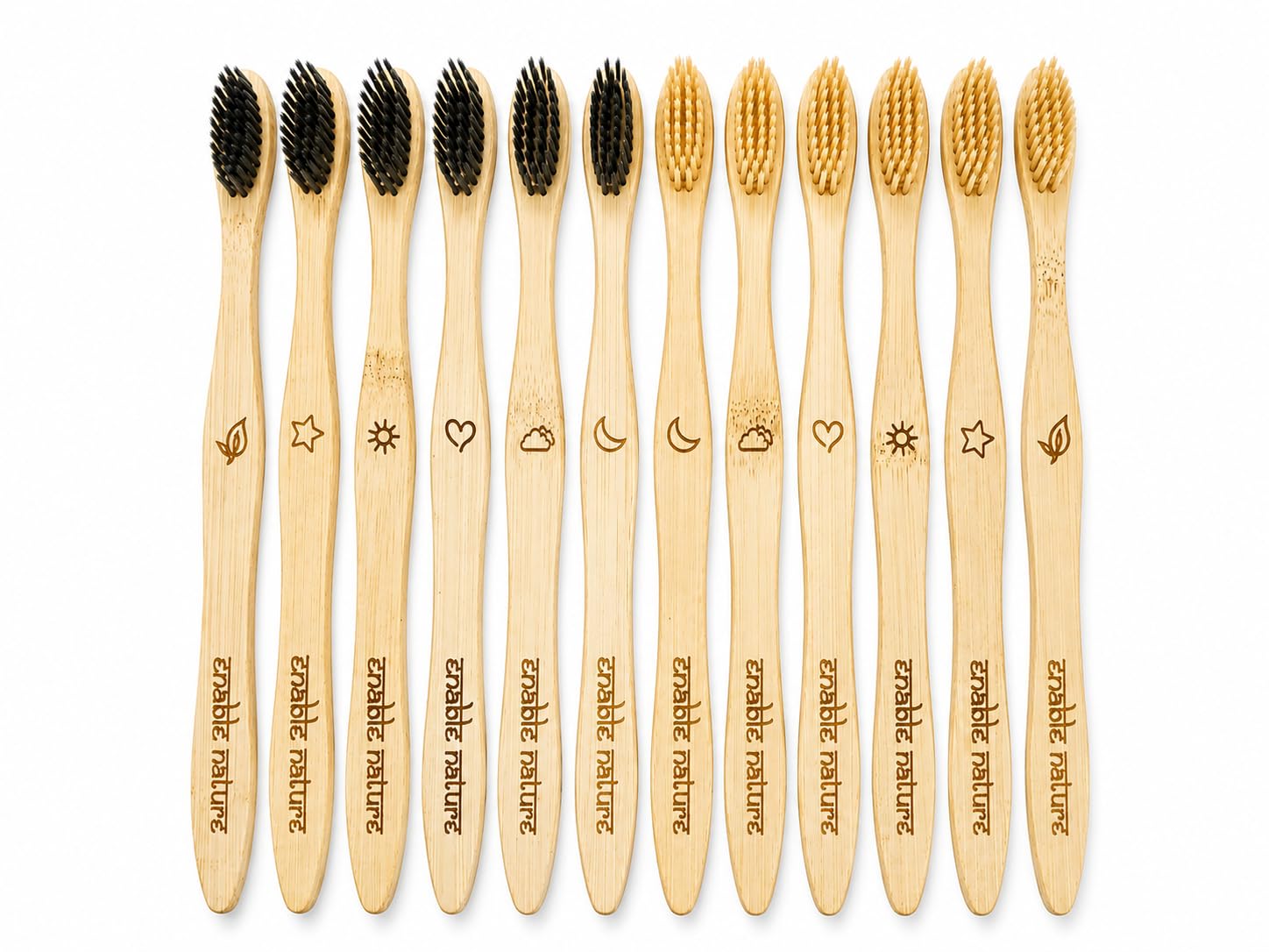 Enable nature Bamboo Toothbrush Pack of 12 with Engraved Symbols | Charcoal & Natural Bristles, Unique Symbol Designs, Soft Bristles, Biodegradable Handle, Mixed Bristle Colours-image-29