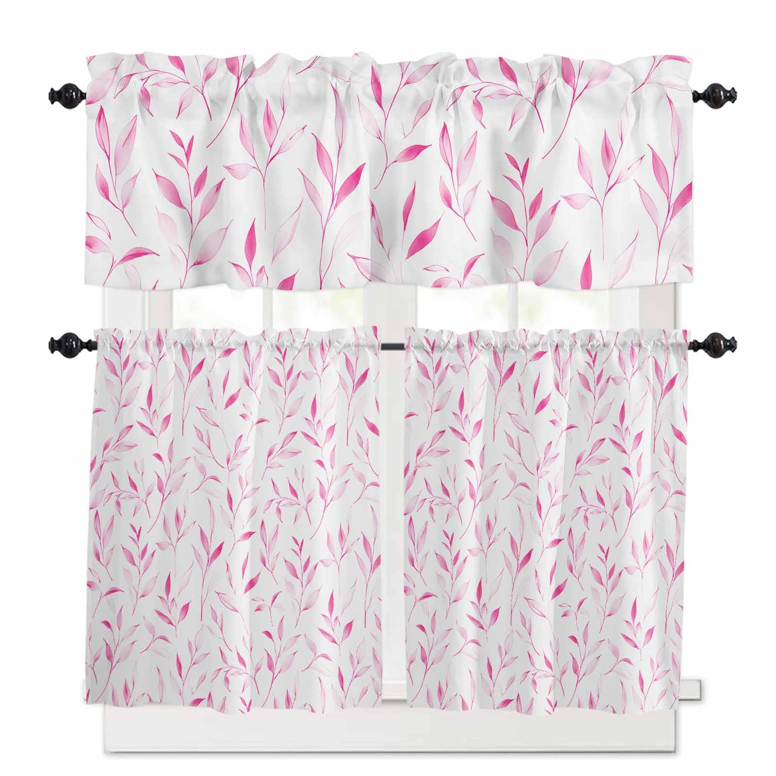 Pink Leaf Kitchen Curtains 24 Inch Length,3 Piece Rod Pocket Small Half Tiers and Valance Set,Modern Botanical Foliage Plant Country Flower Small Large Window Treatment Decor for Bedroom/Bathroom