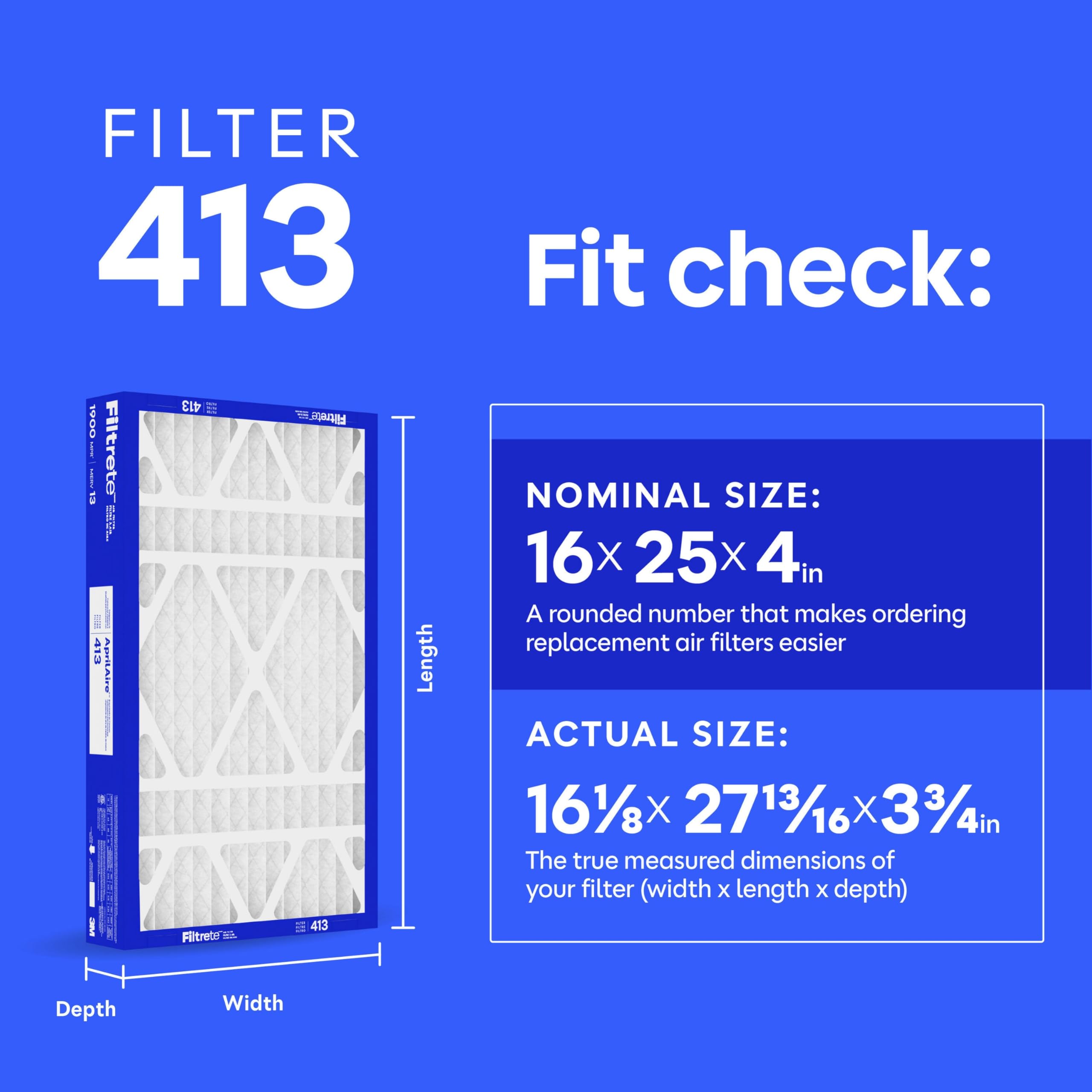 Filtrete Filtro de aire de 16 x 25 x 4, reemplaza a los filtros AprilAire 413, MERV 13, MPR 1900, alérgenos, bacterias, virus y contaminantes del aire, filtro de aire acondicionado de 12 meses, aire