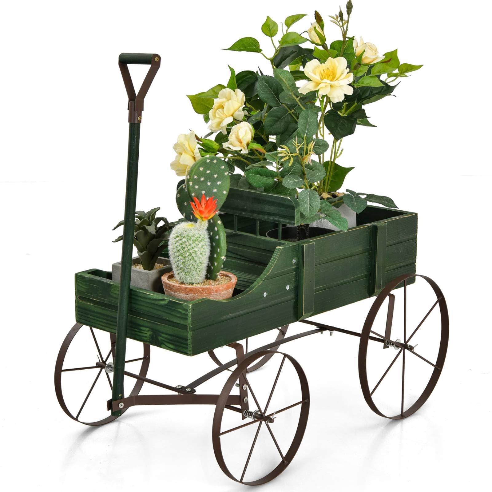 COSTWAY Garden Wagon Planter, Decorative Flower Pot Stand with Handle and Wheels, Wood Plants Holder Yard Tool Cart for Outdoor Indoor (Green) — image 1