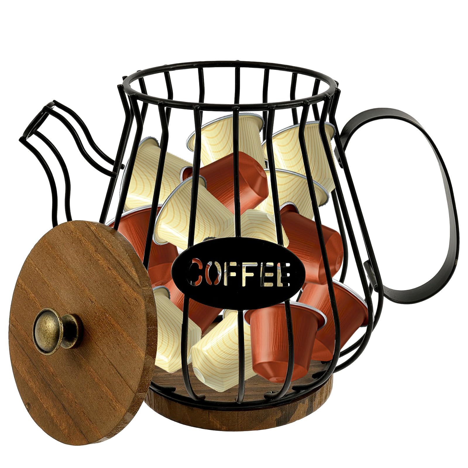 Nihuifdpy Black Coffee Pod Holders For Counter, Coffee Pod Organizer With Lid, Coffees Bar Accessories, Wire Kup Storage Basket With Wooden Base For Kitchen Countertop Fit Pods & Espresso Capsules