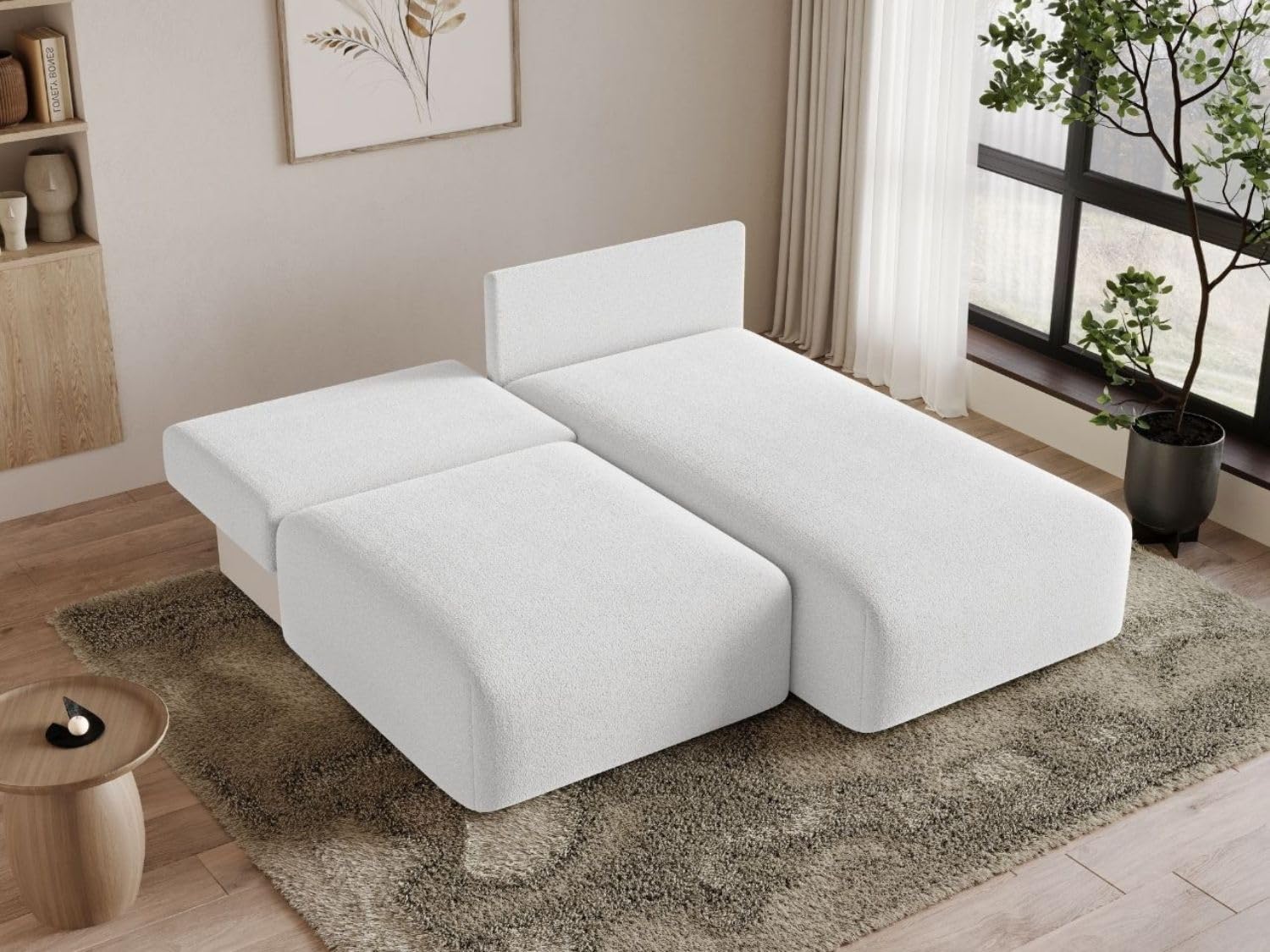GRAINGOLD Ronni L Ecksofa mit Schlaffunktion und Bettfunktion, 206x190 cm, L-Form Sofa, Schlafcouch für Wohnzimmer, Bouclé-Stoff, 3-Sitzer Eckcouch, Ecksofa mit Stauraum (Weiß, Rechts)