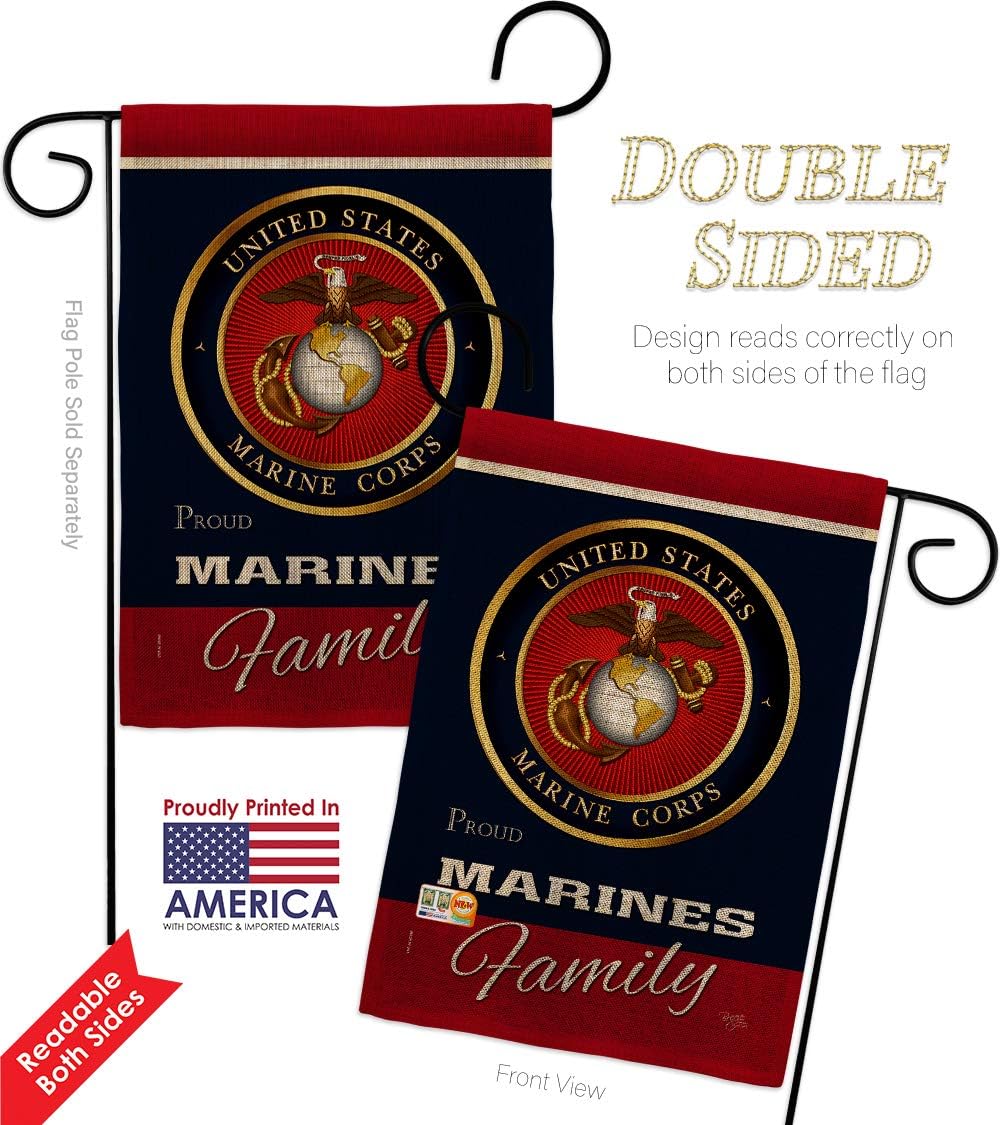 Marine Corps Marines Proudly Family Burlap Garden Flag Armed Forces USMC Semper Fi United State American Military Veteran Retire Official Small Gift Yard House Banner Double-Sided 13 X 18.5