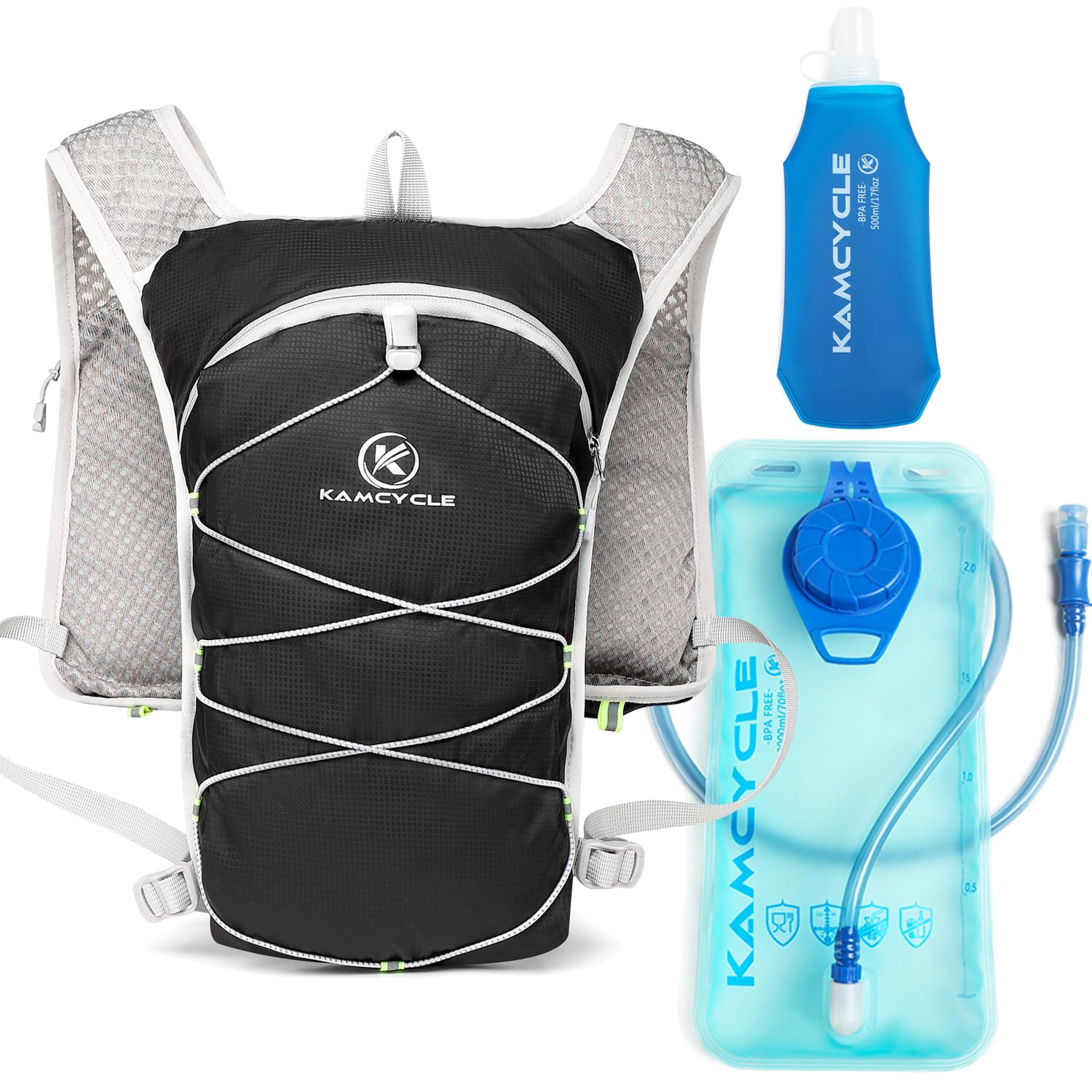 Kamcycle Hydration Running Vest with 2 Litre Bladder and 500ml Bottle, Ultralight Reflective Running Hydrayion Backpack Trail Racing Marathon Cycling Hiking (Black with Bladder and Flask)