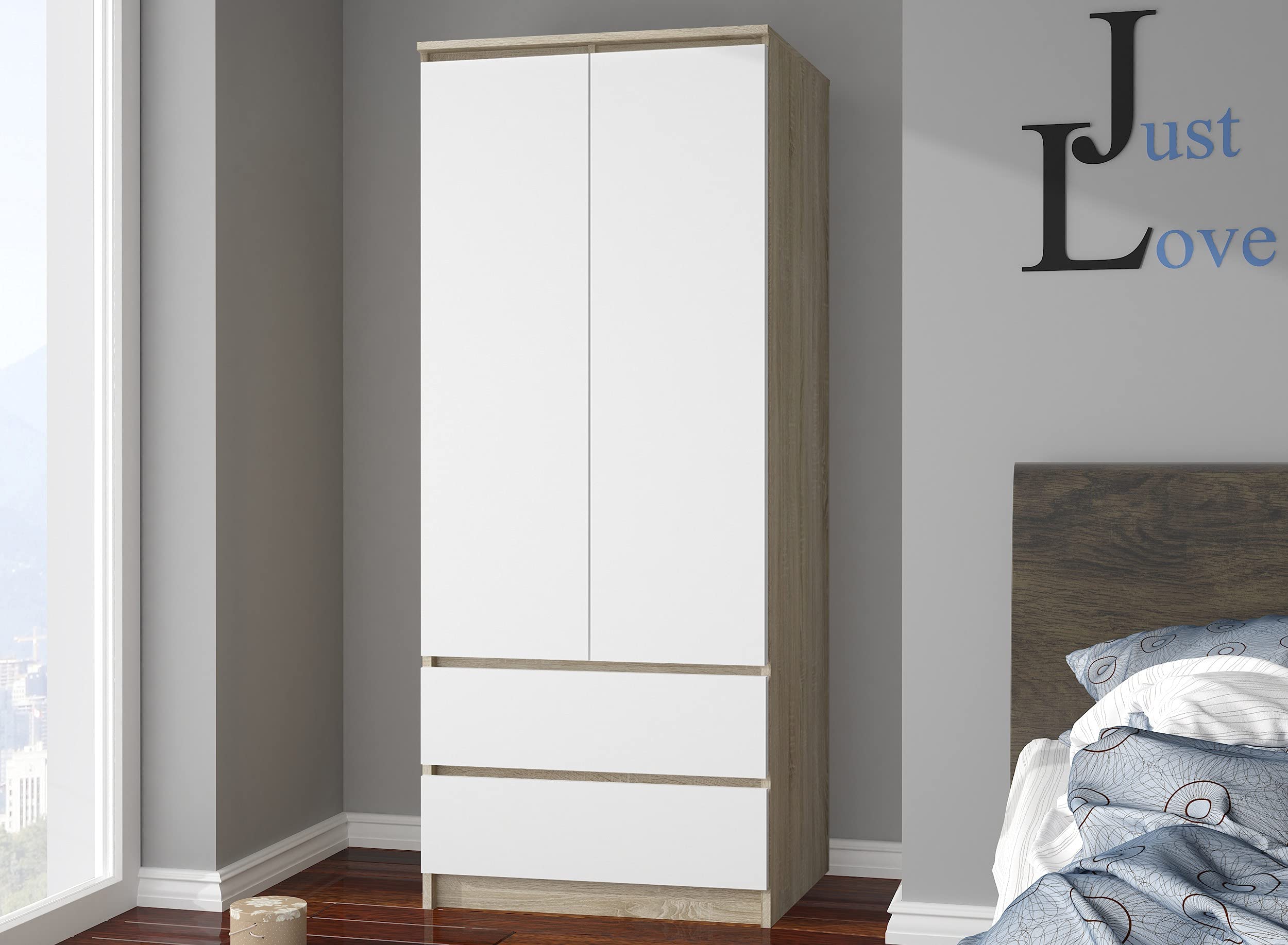 AKORD | Armadio STAR S | 90 cm Due Ante | 2 Cassetti con ripiani e Asta Appendiabiti | Mobiletto Cameretta Camera da Letto | Guardaroba | Pannello in laminato 16 mm | Sonoma & Bianco