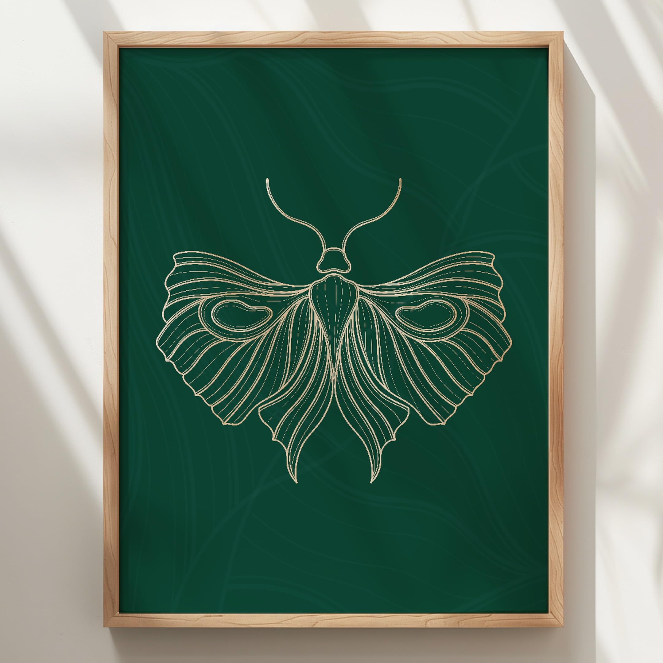 WallBUddy Motten Linienkunst Wanddruck | Elegant (60 x 90 cm, Eichenrahmen)