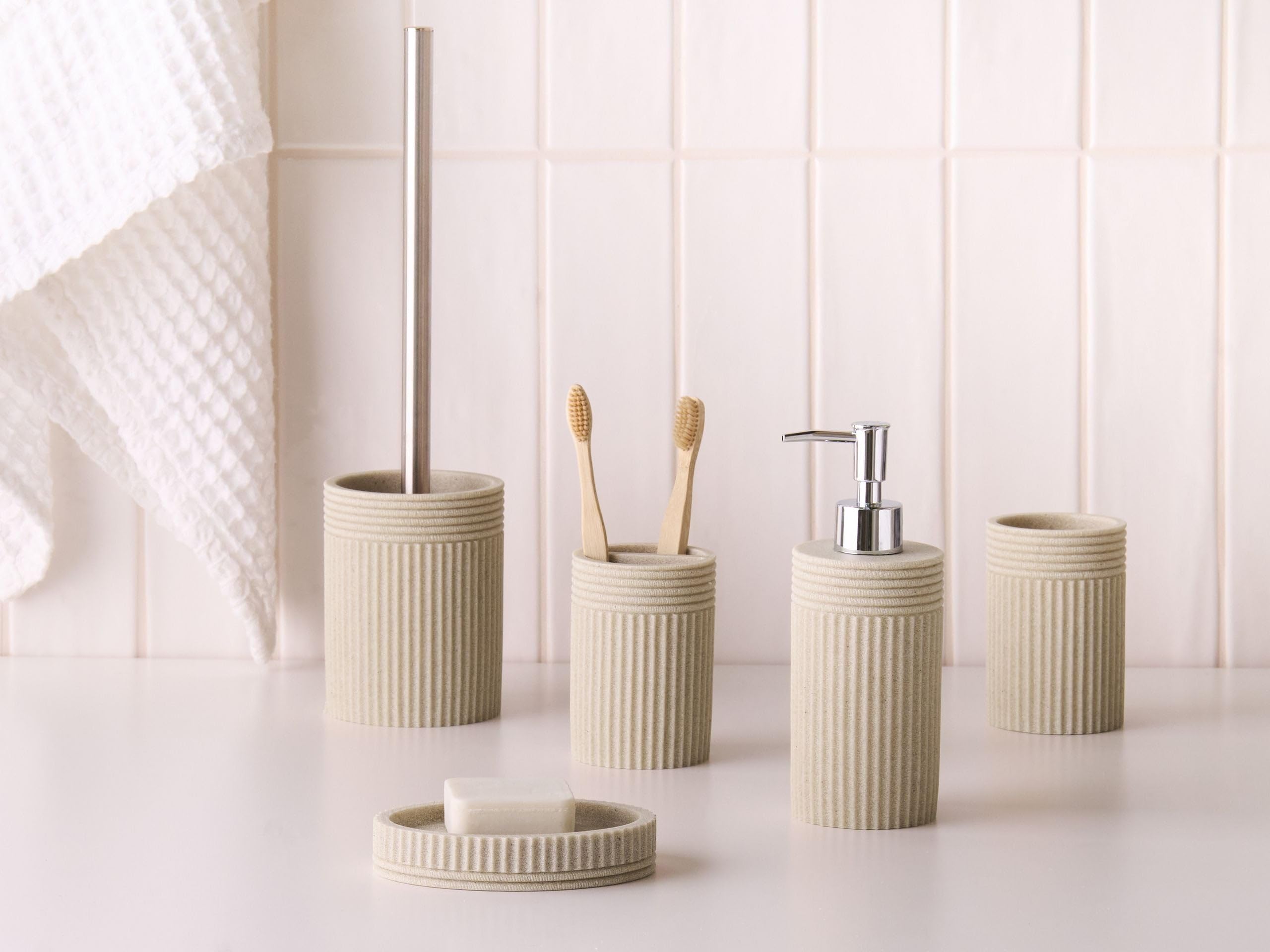 Badaccessoires Set 5-teilig Kunstharz Hellbeige Seiloptik Badausstattung Chancay