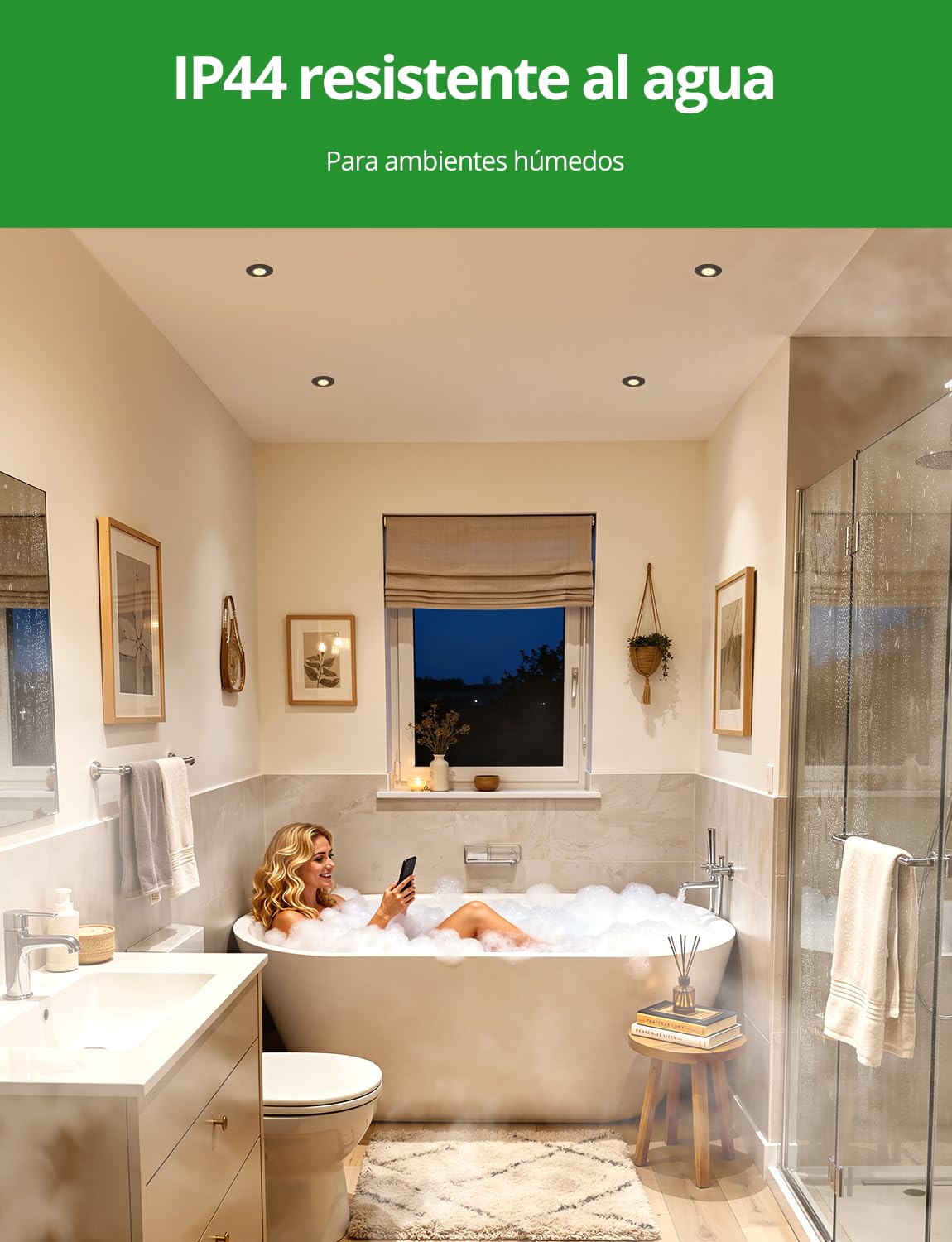Foco Empotrable LED Techo IP44 Baño Ojos de Buey Interior AC 220V-240V Foco Encastrable Rotable 38° Negro, Downlight Ø68mm - 80mm para Cuisina Pasillo Lampara Redondo 4.7W 760LM 3000K, Pack de 6