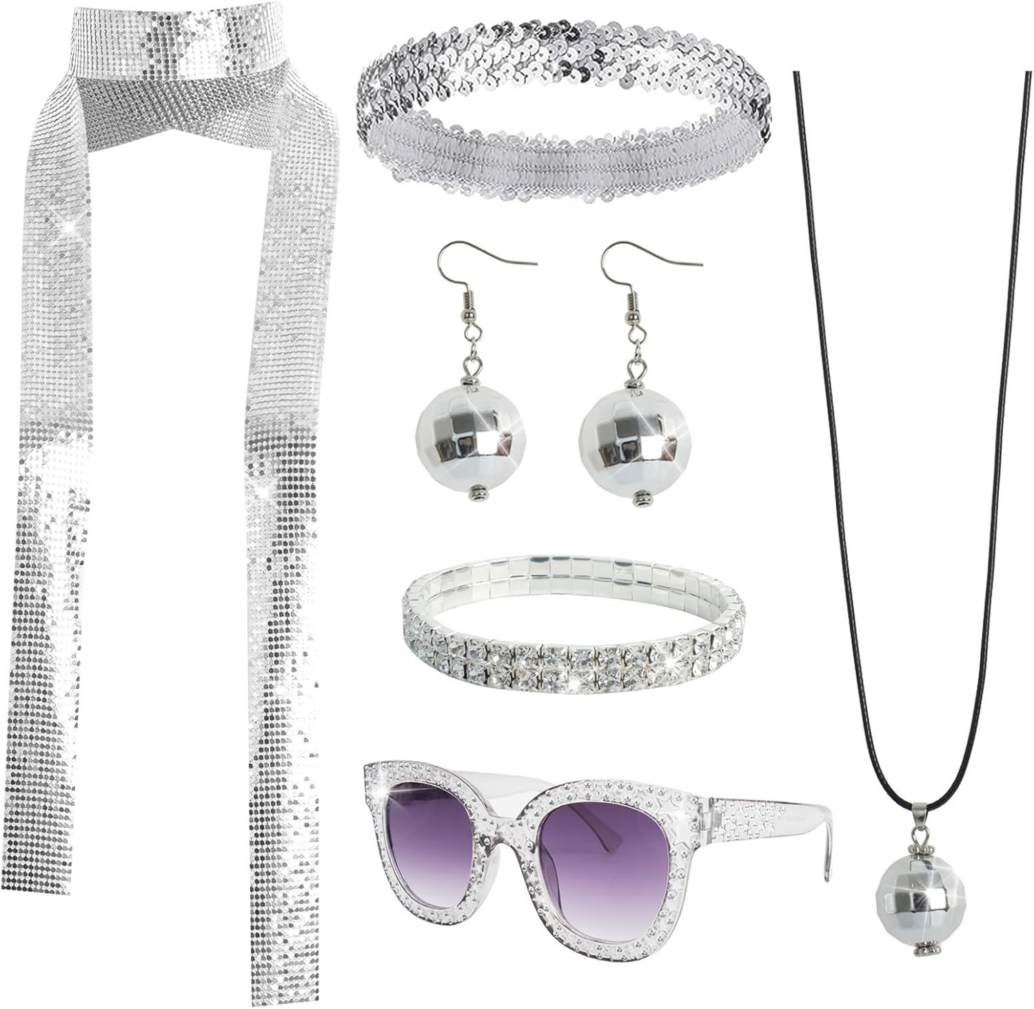6 Pcs 70s Women Disco Accessories Disco Costume Disco Sequin Scarf Headband Diamond Bracelet Ball Necklace Earring Glasses