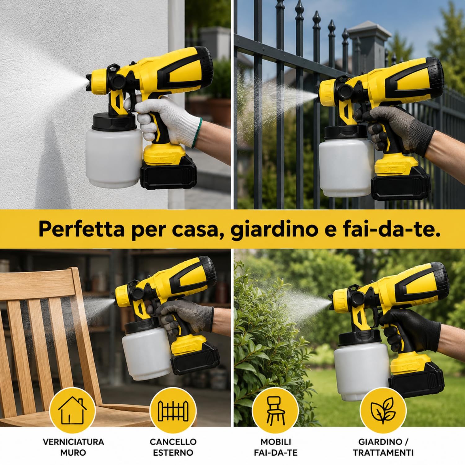 Pistola a Spruzzo Elettrica HVLP 800W, 800ML con 2 Batterie 48V, 3 Getti e Ugello Regolabile, Grilletto Bloccabile, per Pareti, Mobili, Recinzioni, Soffitti e Insetticidi
