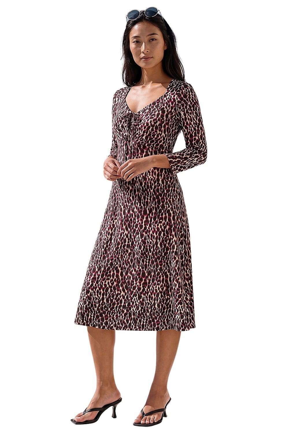 Roman Fit and Flare Dress for Women Ladies Chest Twist Knot Ruched Tea Skater Empire Waist Wedding Guest Smart Casual Swing Midi 3/4 Long Sleeve Knee Length - Petite Animal Wine - Size 12