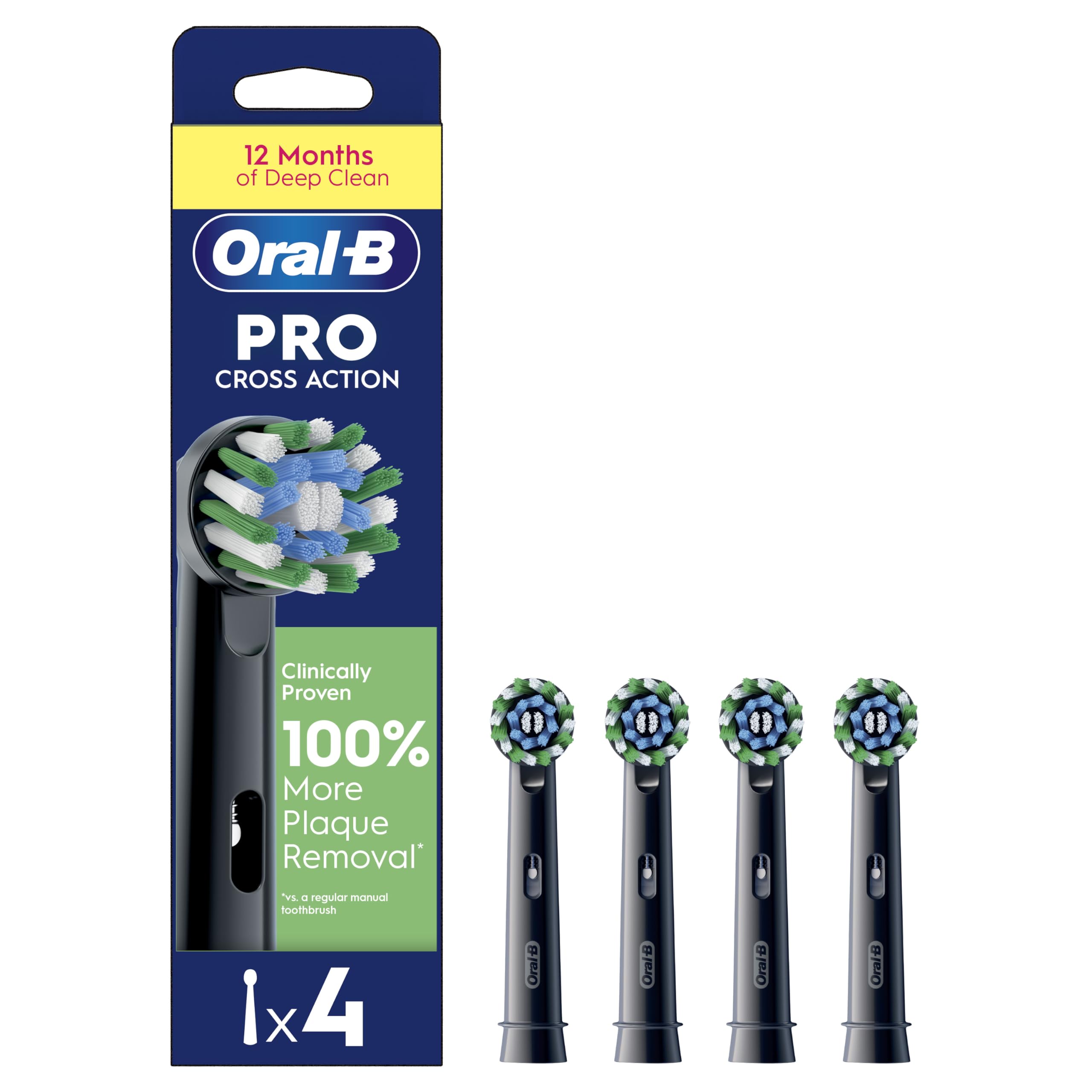 Oral-B Pro Cross Action Electric Toothbrush Head, Electric Toothbrush Heads, X-Shape and Angled Bristles for Deeper Plaque Removal, Pack of 4 Toothbrush Heads, Black, Replacement Heads