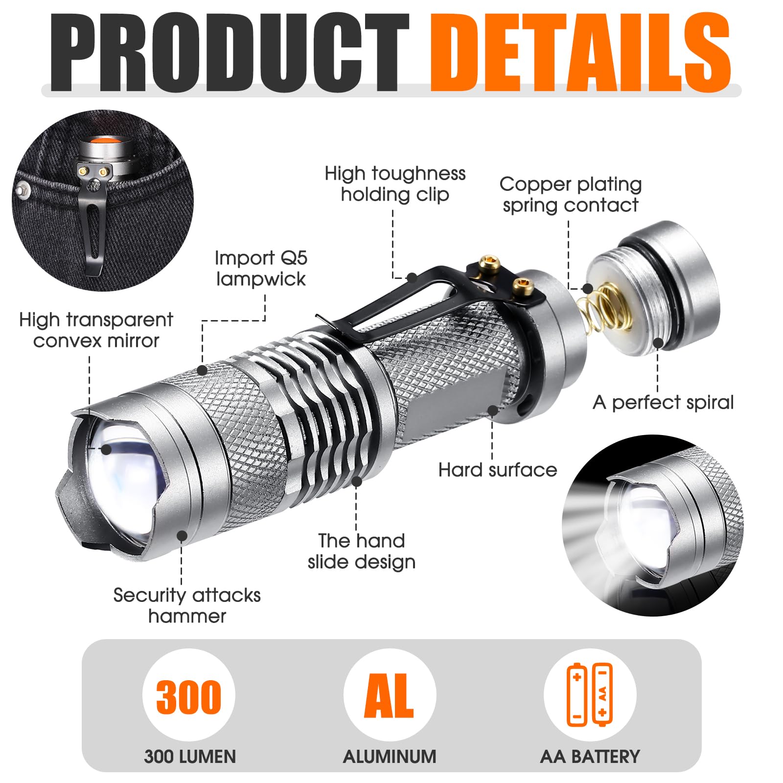 20 linternas LED mini 3 modos tácticas pequeñas resistentes al agua de bolsillo luz táctica foco ajustable con zoom linterna para interiores y exteriores (plata)