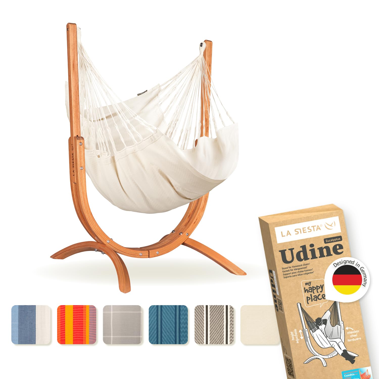 LA SIESTA® - Udine Bio-Baumwoll-Hängesessel mit Holzgestell - Handgefertigter, Reißfester, Weicher Indoor Hängesessel mit Gestell, FSC-zertifizierter Eukalyptus-Ständer für Balkon Garten