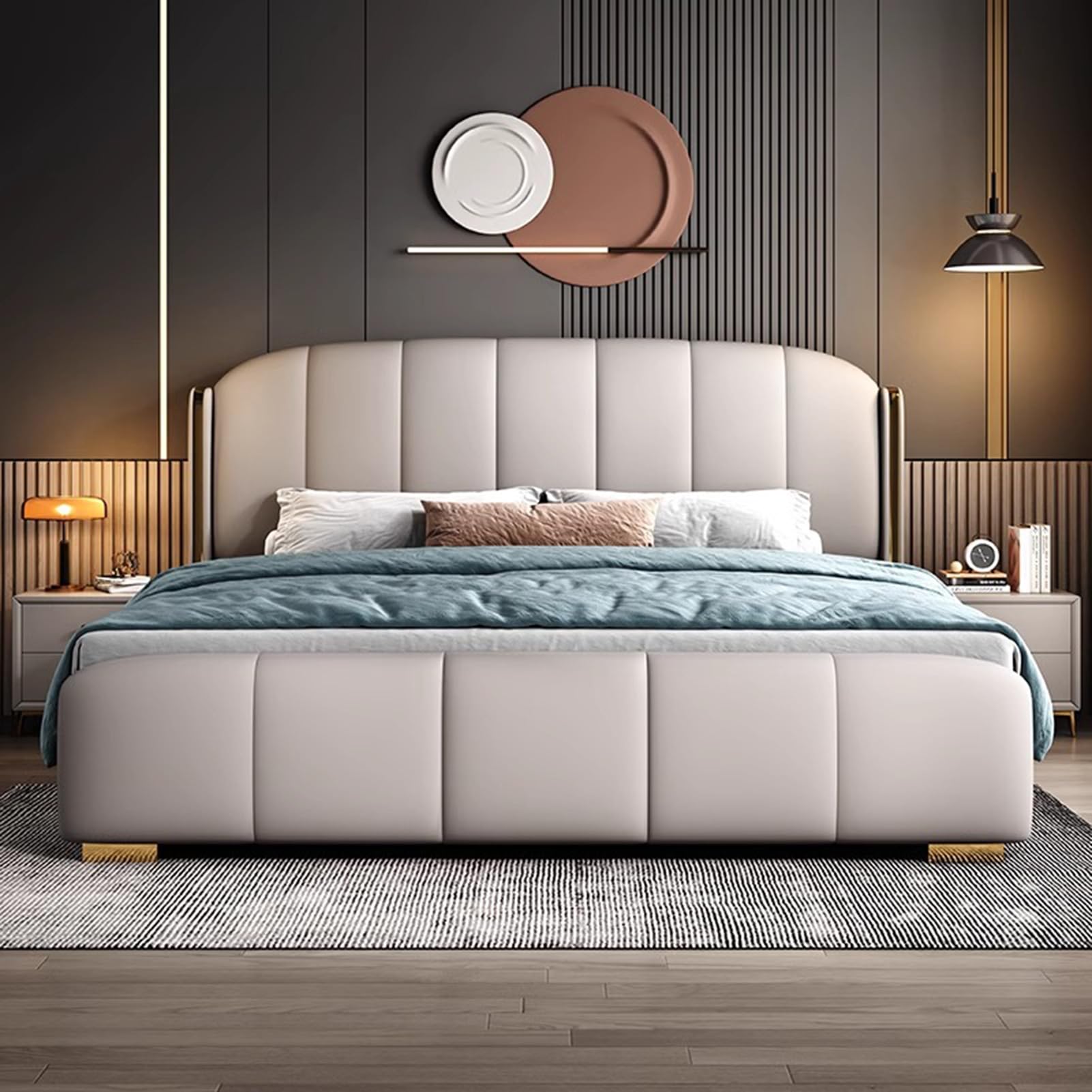 Gray King Size Genuine Leather Wood Bed Upholstered Platform Bed Frame with Headboard and Lift Up Storage Wooden