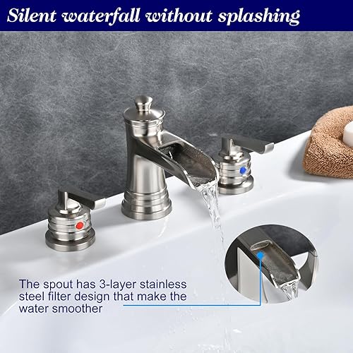 Miniatura 2 de Grifos de baño en cascada para fregadero de 3 agujeros, grifo de baño de níquel cepillado de 2 manijas con válvula, grifo de baño de níquel