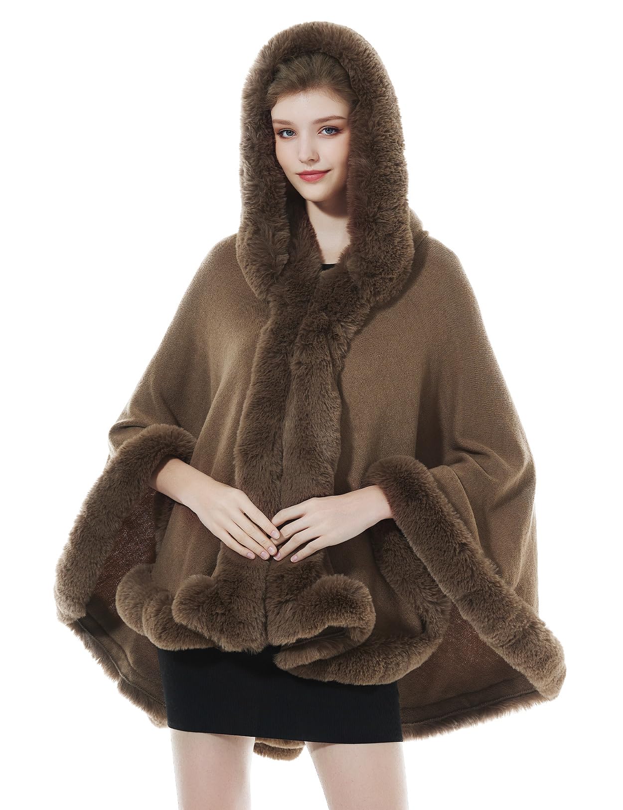 BEAUTELICATE Poncho Fourrure Châle Étole Cape à Capuche Tricoté Manteau avec Col de Fourrure Pour Femme Automne Hiver Mariage Soirée Gala S99