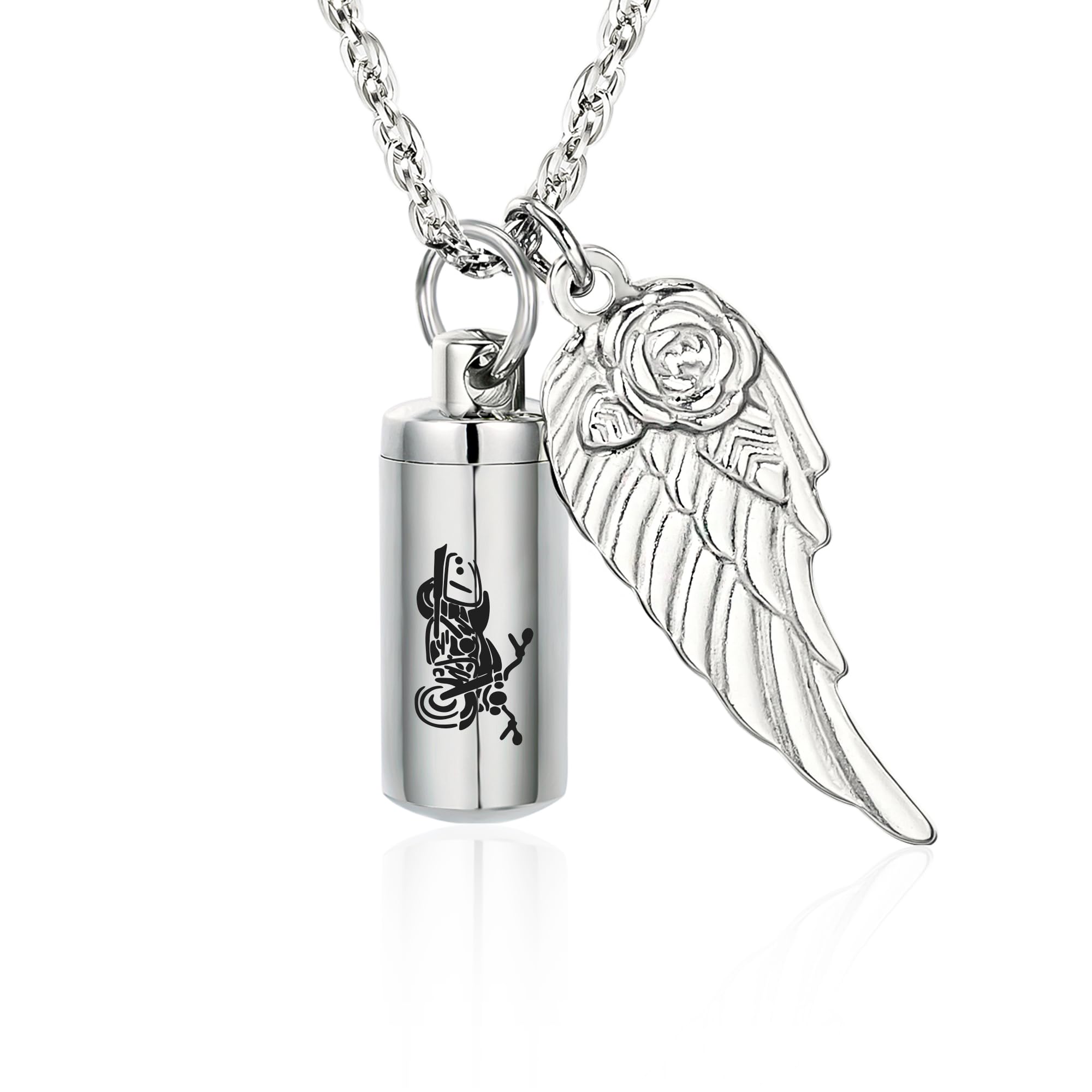 Cylinder Urn Necklace for Ashes Memorial Ashes Necklace with Angel Wing Motorcycle Biker Memorial Urn Pendant Ash Keepsake Cremation Jewelry
