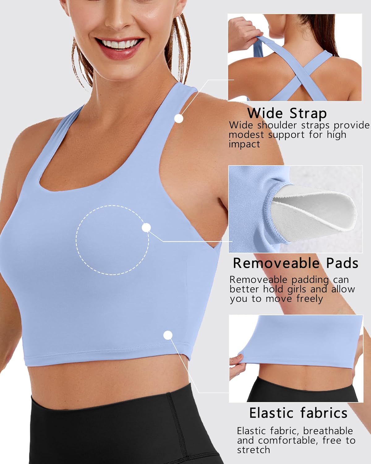 AngiMelo Womens Longline Sports Bra Square Neck Workout Tops Support Crop Tank Strappy Yoga Top Built in Bra Teens - Image 5