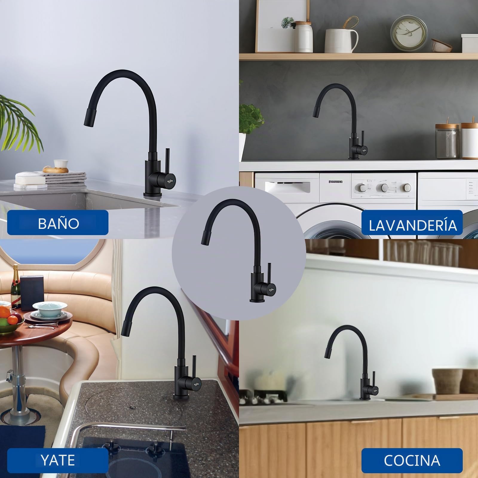 Grifo Fregadero Cocina Negro, Grifo Cocina Flexible, Mezclador Cocina Giratiorio a 360°, Monomando de Alta Presión, Grifos Cocina de Acero Inoxidable, Ahorro de Agua