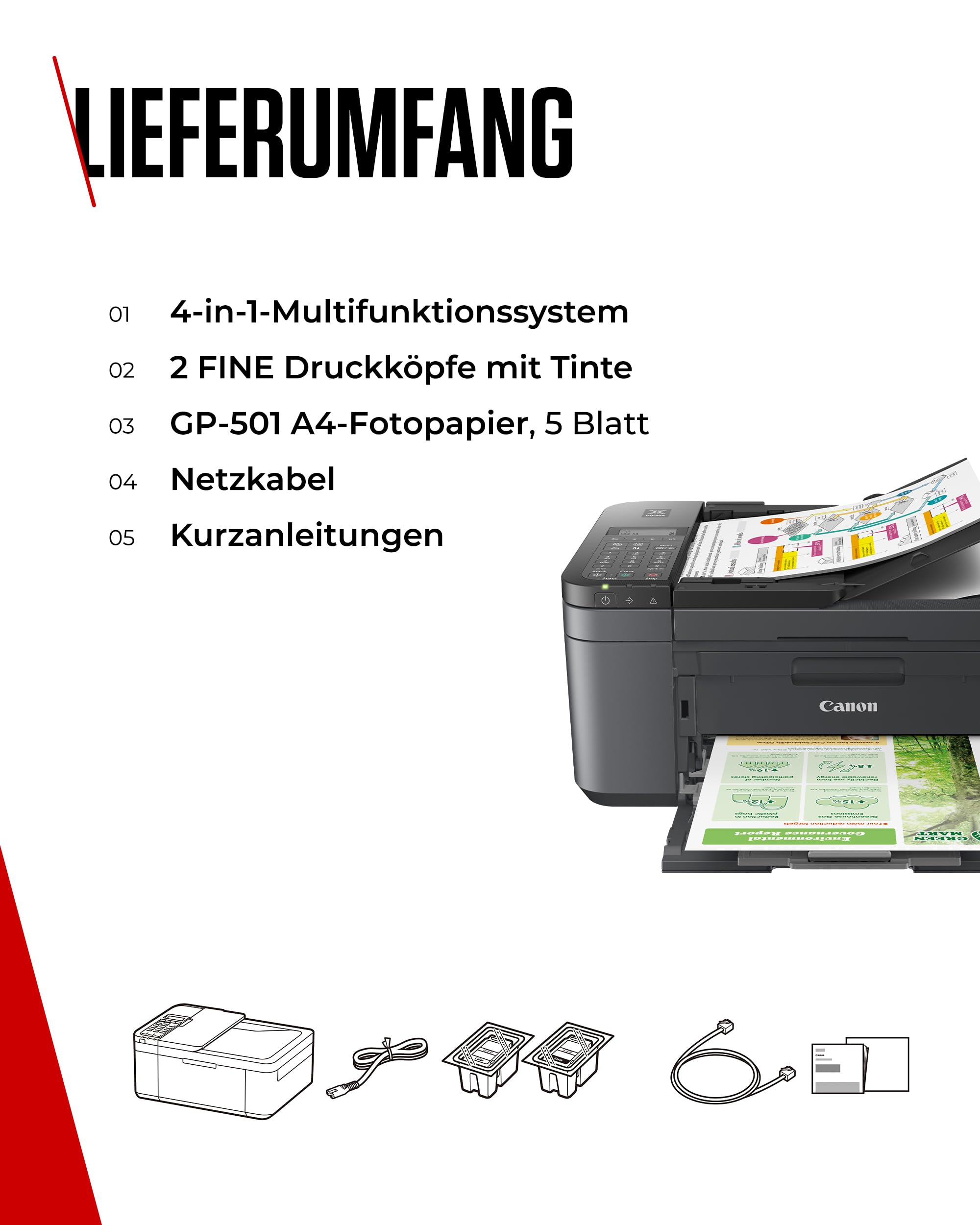 Canon PIXMA TR4755i Multifunktionsdrucker 4in1 (Tintenstrahl, Drucken, Kopieren, Scannen, Faxen, A4, 20 Blatt ADF, kompatibel mit Pixma Print Plan) schwarz - Enthält GP-501 A4-Fotopapier, 5 Blatt