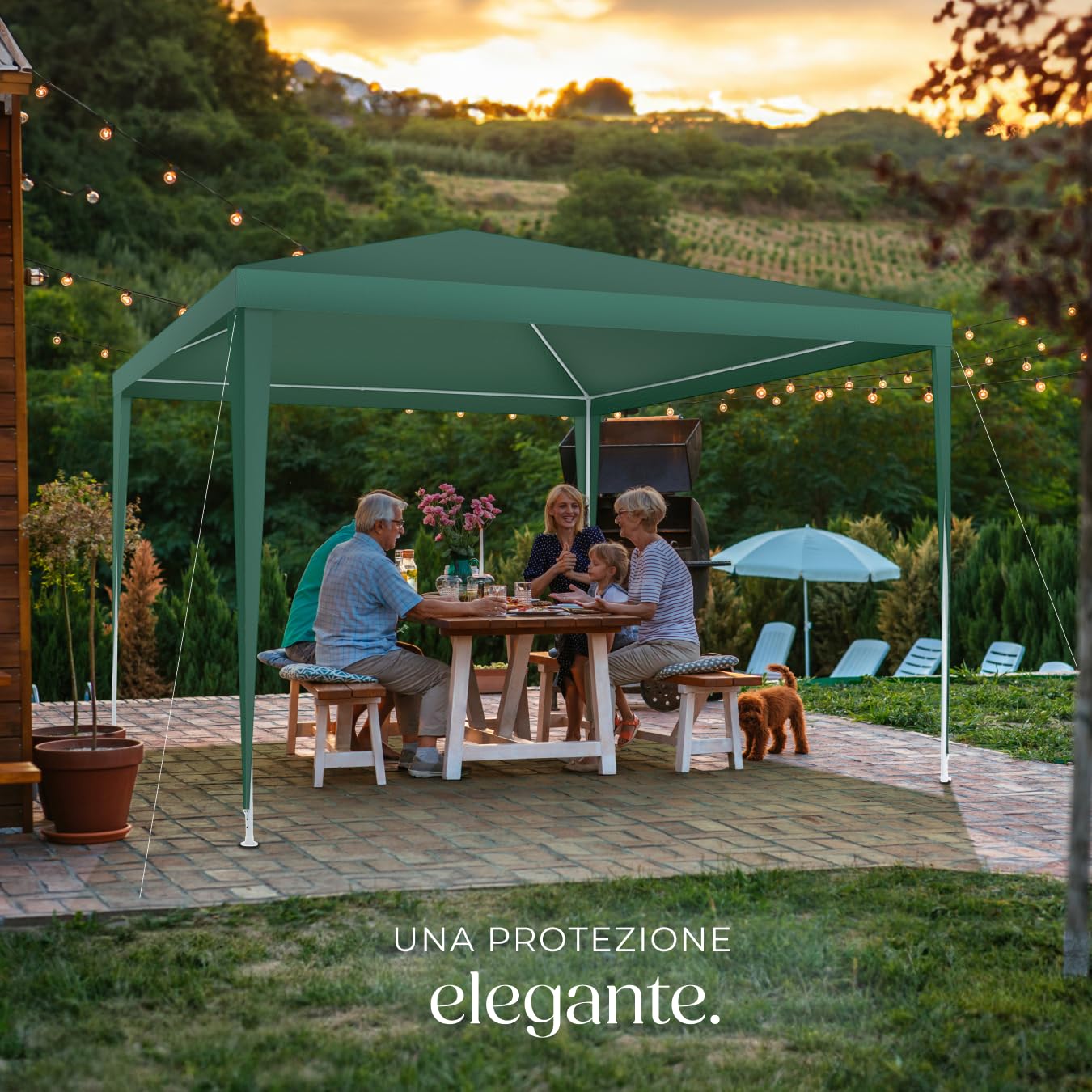 tectake® gazebo 3x3 m, impermeabile, pieghevole, struttura in acciaio, copertura con protezione UV, tendone da esterno, per fiere, spiaggia, gazebo esterno resistente, con corde e picchetti - Verde