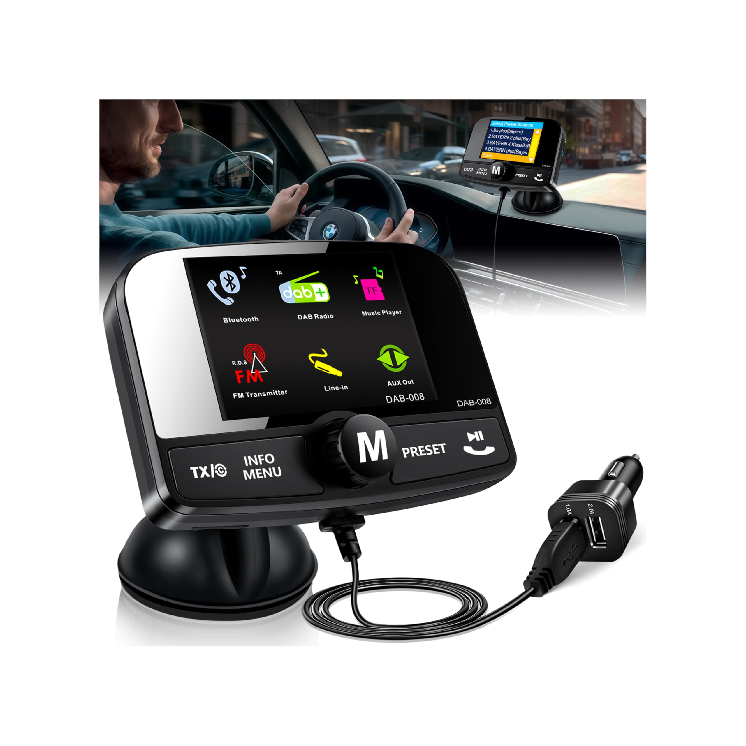 LanBlu DAB Adapter für Autoradio, DAB Adapter Stereoanlage 6.1cm Buntes Display, FM Transmitter DAB+ für Autoradio mit Bluetooth Freisprecheinrichtung, DAB+ Adapte Empfänger Musikplayer+Aux In/Out