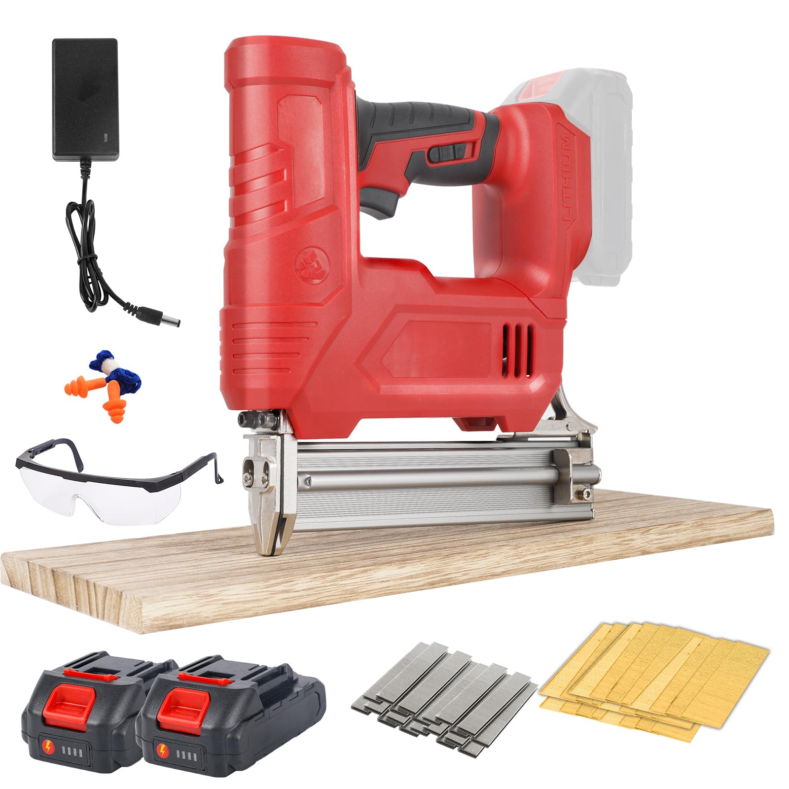 JOJOCY 21V Cordless Brad Nailer Stapler Kit, 2 2.0Ah Batteries, 18GA 2000 Nails & Staples, 2 Firing Modes, Safety Lock for Carpentry DIY Woodworking