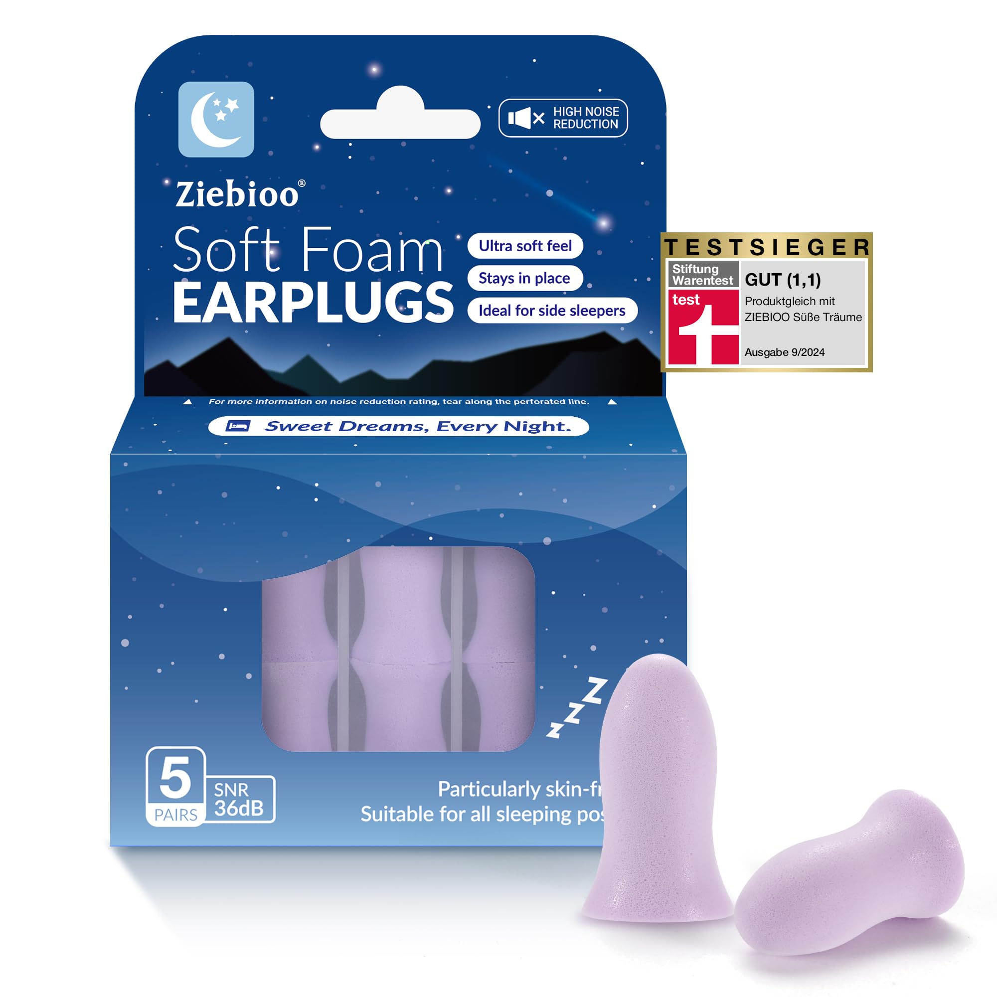 𝐓𝐎𝐏 𝟐𝟎𝟐𝟒 Ziebioo Super Soft Foam Ear Plugs for Sleep, Ergonomic Design, 36dB SNR Noise Cancelling Hypoallergenic Earplugs for Snoring Blocking, Flying, Studying, Work