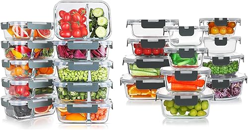 KOMUEE 10 paquetes de recipientes de vidrio de 30 onzas para preparación de comidas, 2 compartimentos y 24 recipientes de vidrio para almacenamiento