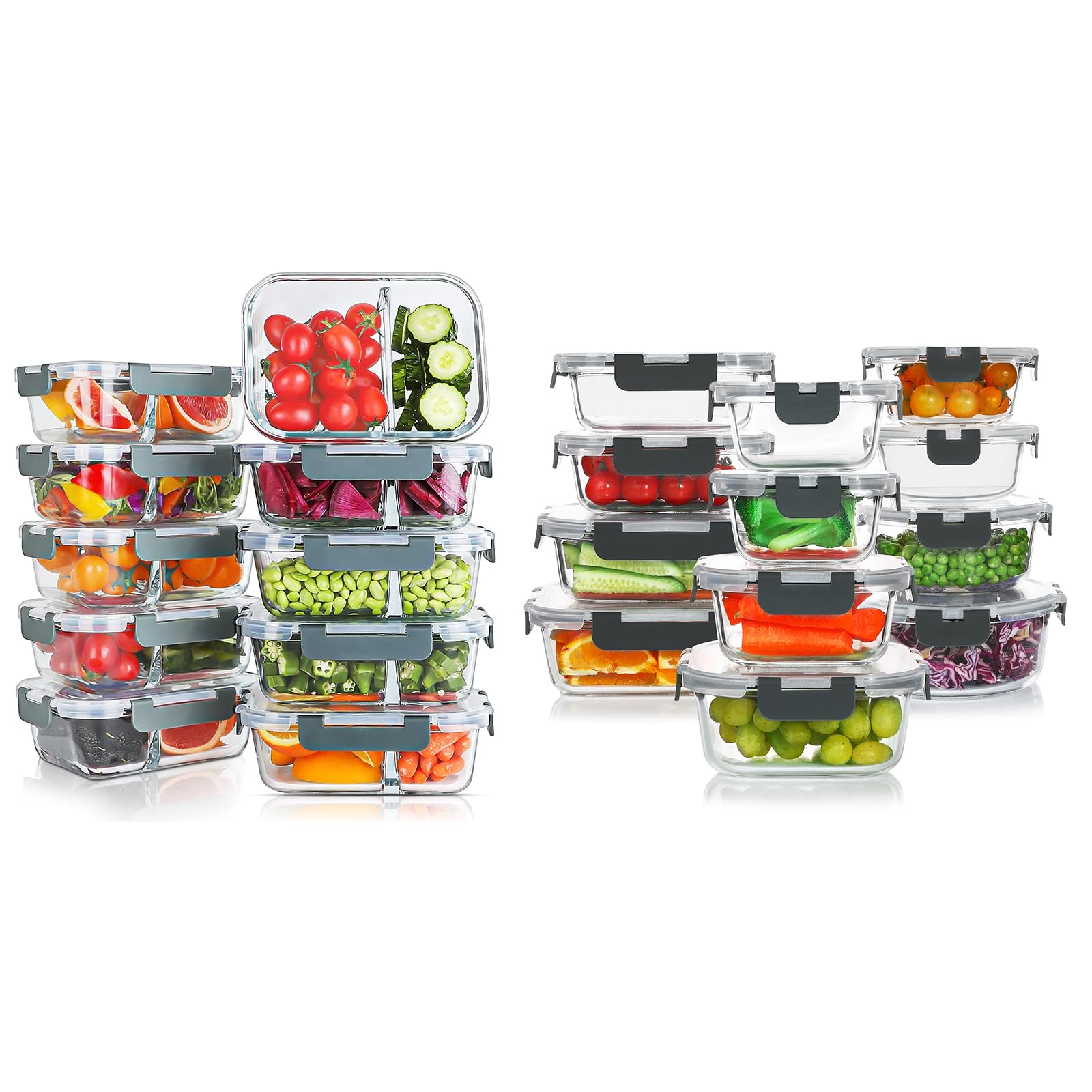 KOMUEE 30oz Glass Meal Prep Containers – 10-Pack (2-Compartment) 24-Piece Set, Airtight BPA-Free Food Storage, Microwave