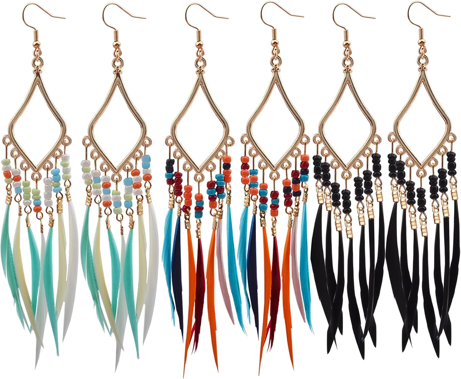 3 Pairs Bohemian Earrings for Women Long Beaded Feather Tassel Dangle Earrings Retro Multicolor Fringe Drop Earrings with Seed Beads Handmade Statement Jewelry Gift Set