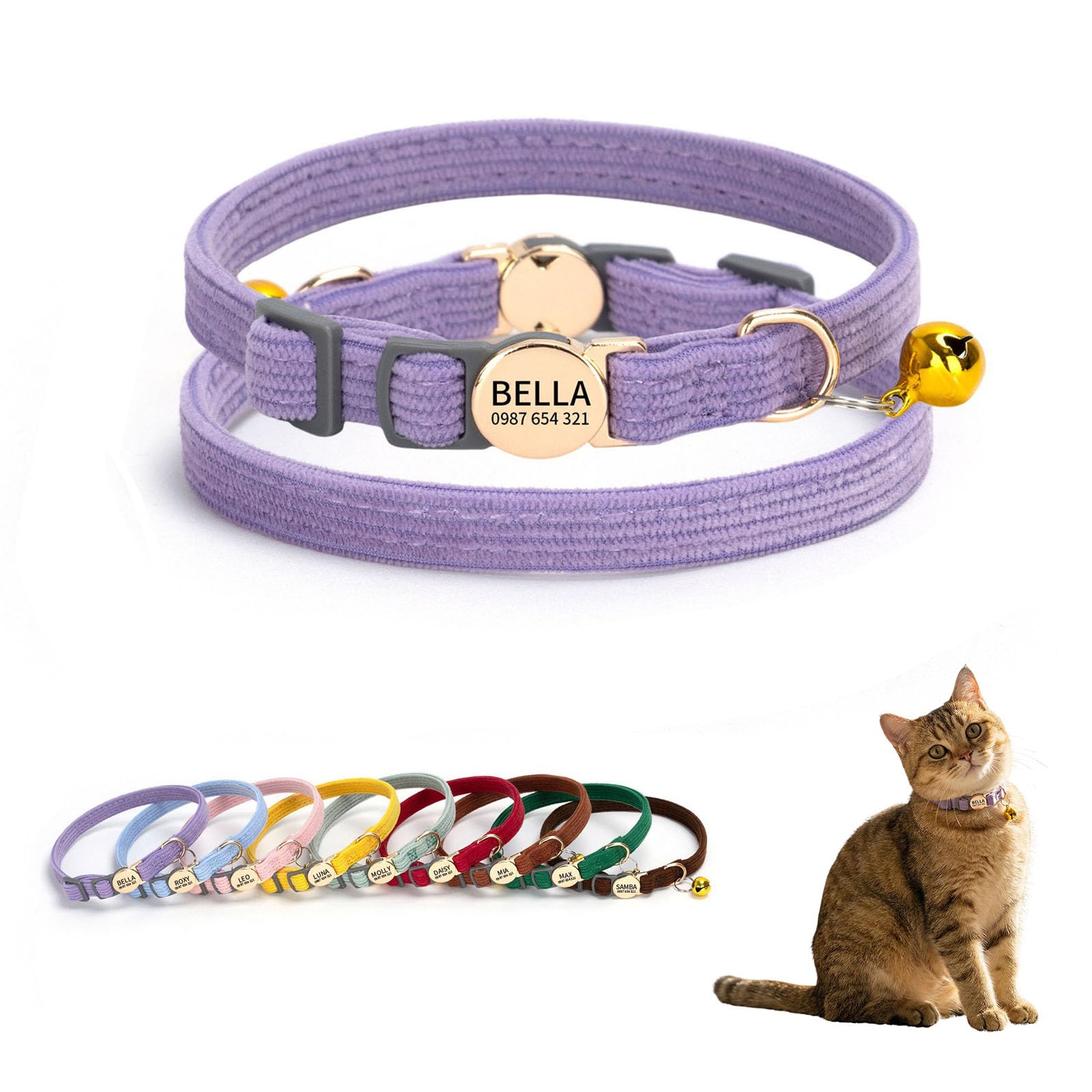 Collare per gatti personalizzato con nome e numero di telefono, collare regolabile in velluto a coste a sgancio rapido con campanello e fibbia di sicurezza per gatti o cani di piccola taglia, 20-30 cm