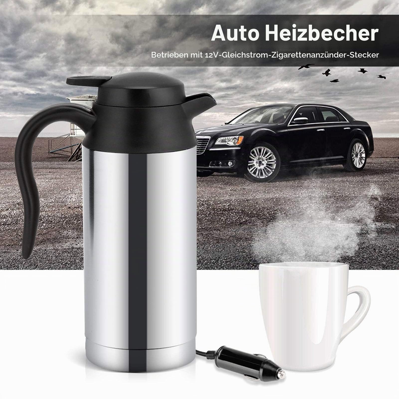 Elektrischer Wasserkocher für unterwegs, tragbar, 750 ml, 12 V, Wasserkocher für das Auto, aus Edelstahl, mit einem Heizbecher für das Auto, versiegelt, für heißes Wasser