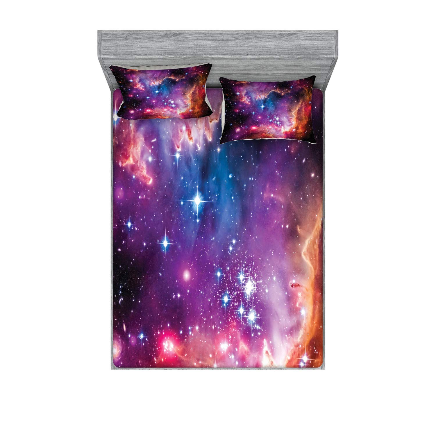 Ambesonne Galaxy Fitted Sheet & Pillow Sham Set, Magellanic Cloud Stars and Colorful Cosmic Universe View Pattern, Decorative Printed 3 Piece Bedding Decor Set, King, Purple Black