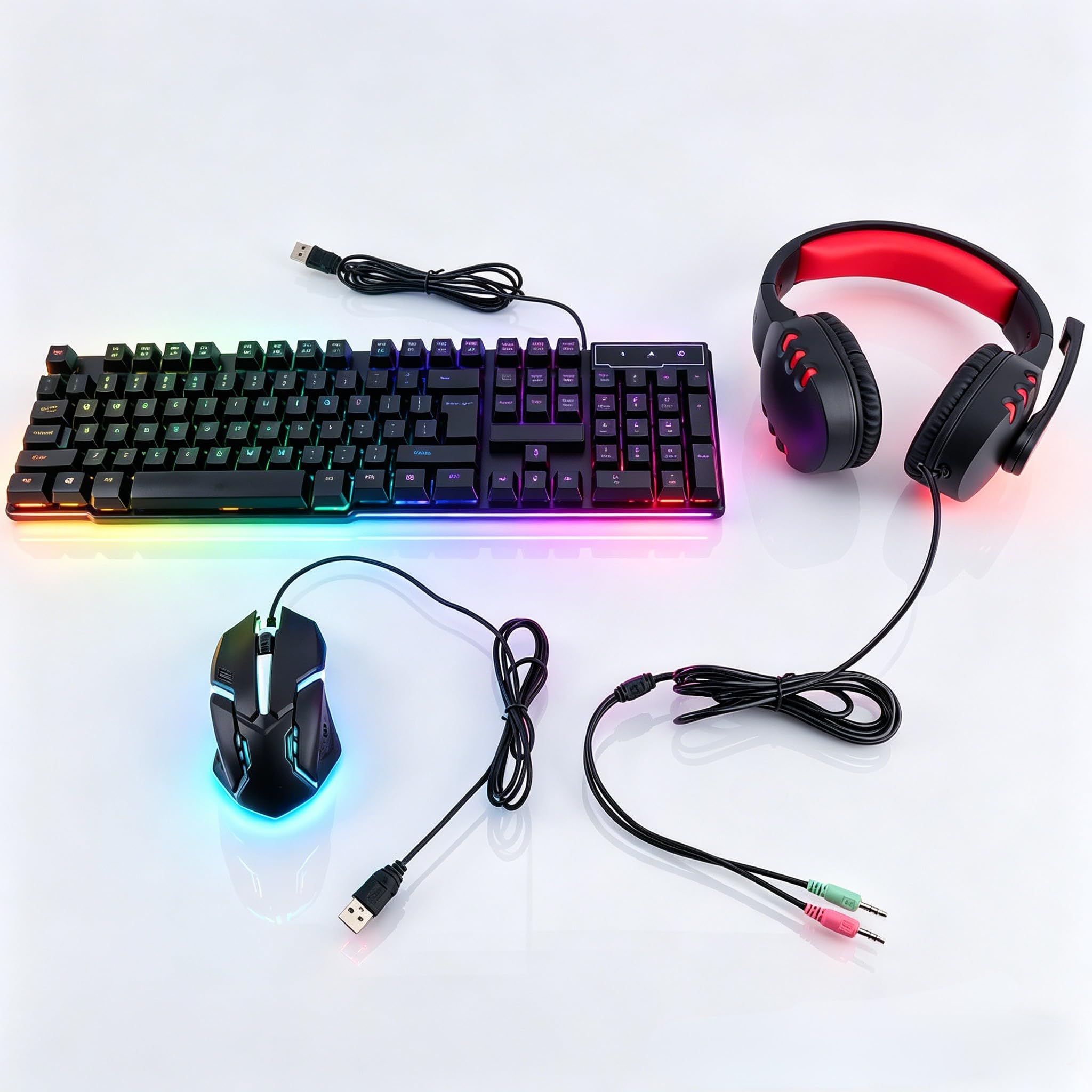 T-WOLF TF800 Combo gioco in quattro pezzi Tastiera 104 tasti Mouse con luce respiratoria a 4 colori Cuffie gioco 3,5 mm Tappetino per mouse antiscivolo