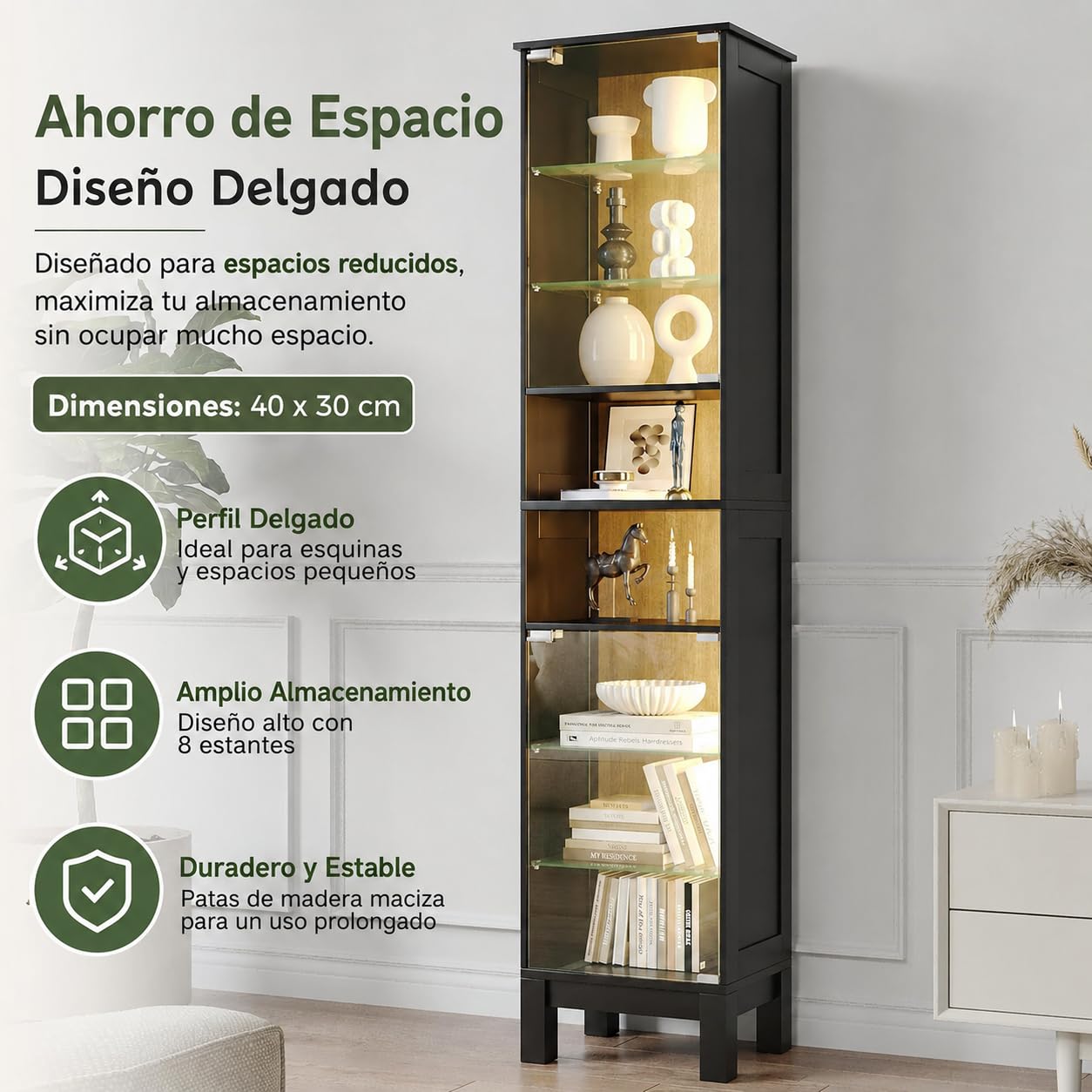 ZKIODV 180cm Vitrina de Cristal LED, Estrecha Armario Vitrina con 8 Estantes, Puerta de Vidrio Templado, Balda Ajustable y Desmontable, Moderna Vitrina para Salón Baño (Negro)