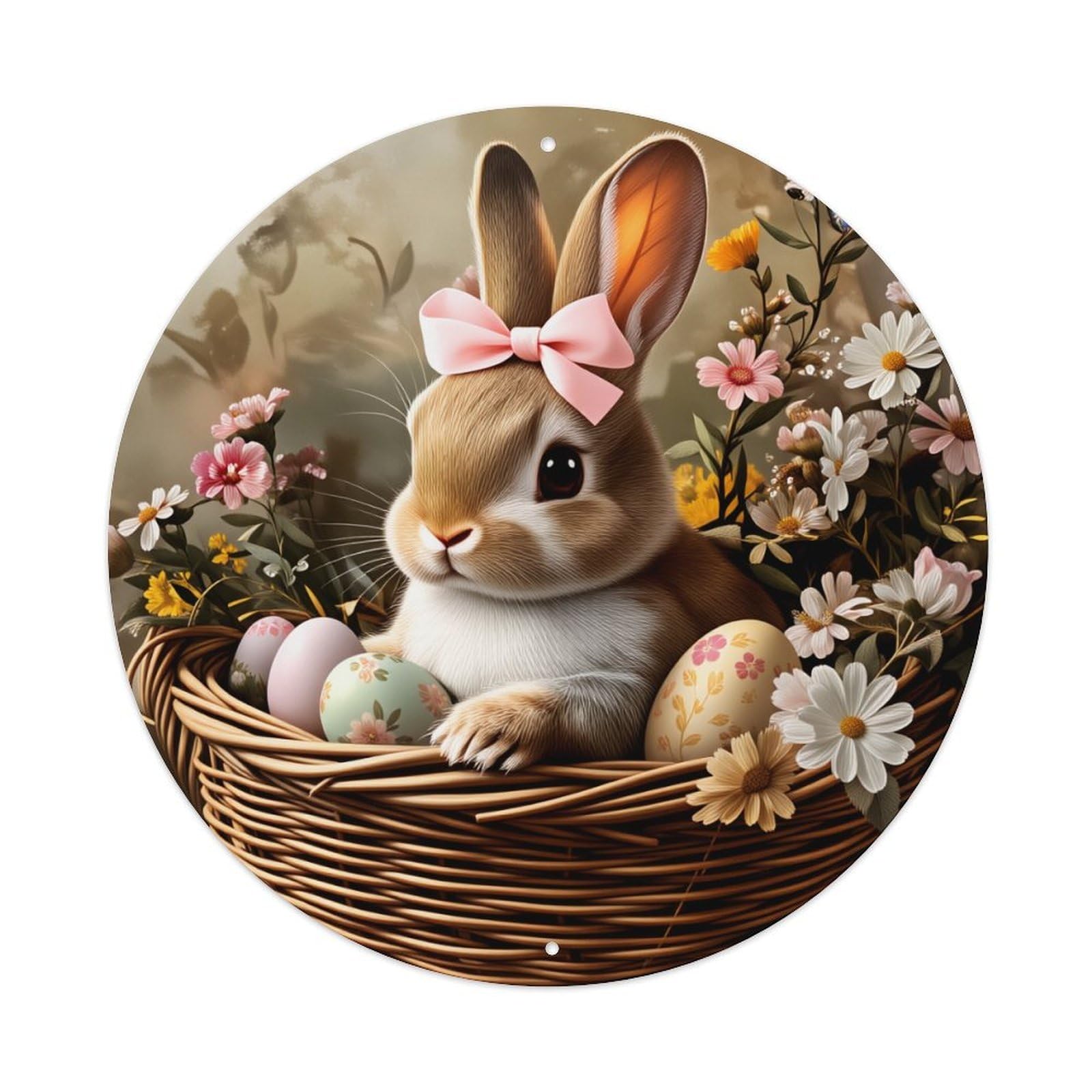 Easter Bunny With Bow In Basket Of Eggs And Flowers Round Vintage Tin Sign,Retro Wall Art,Metal Poster for Home, Bar, Garage, Cafe, Rustic Indoor & Outdoor Decor, 8x8 Inches