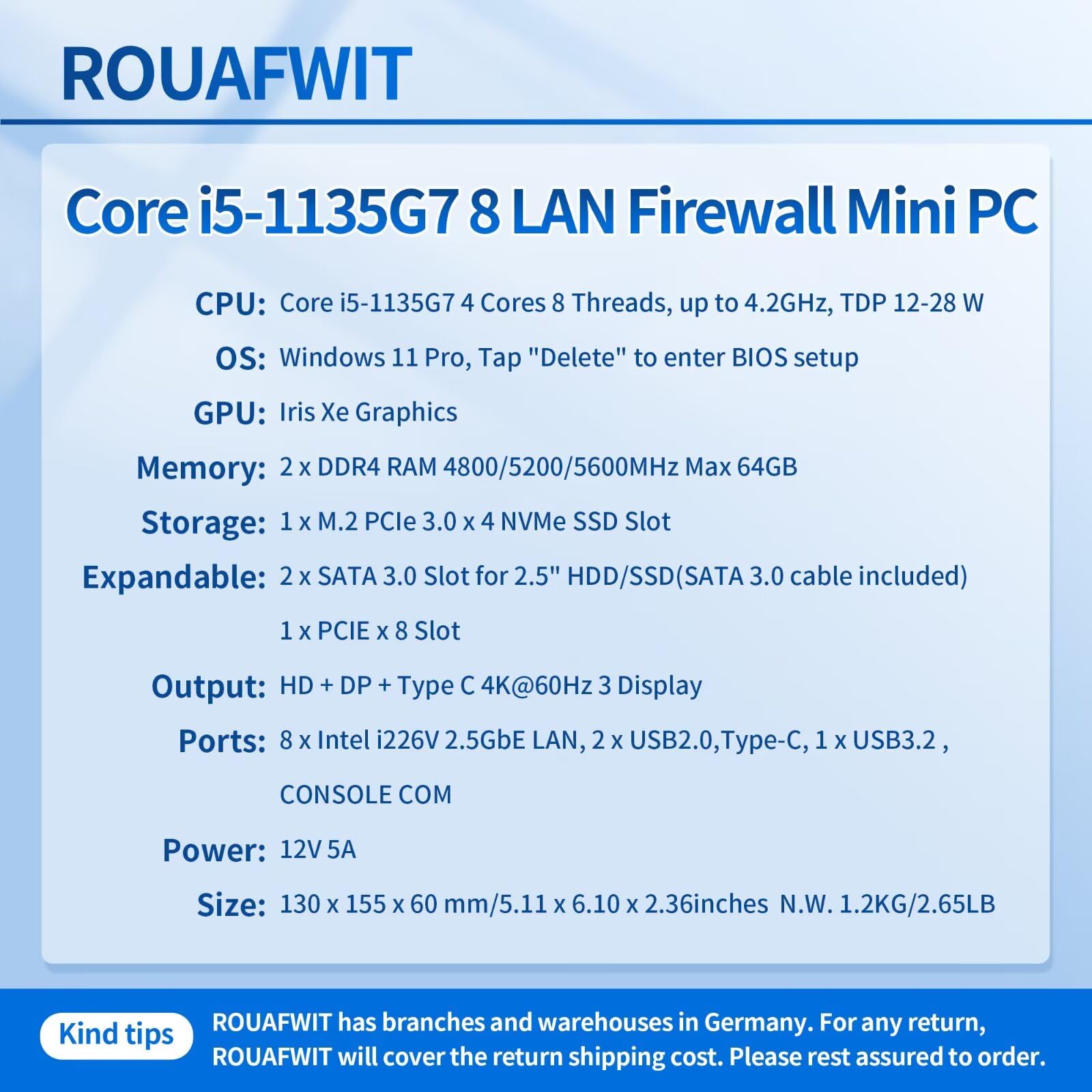 Micro Firewall Mini PC i5-1135G7, DDR4 0GB RAM 0GB SSD Router Appliance Computer, 8 x 2.5Gbe i226-V LAN, Console COM, Type-C, AES-NI