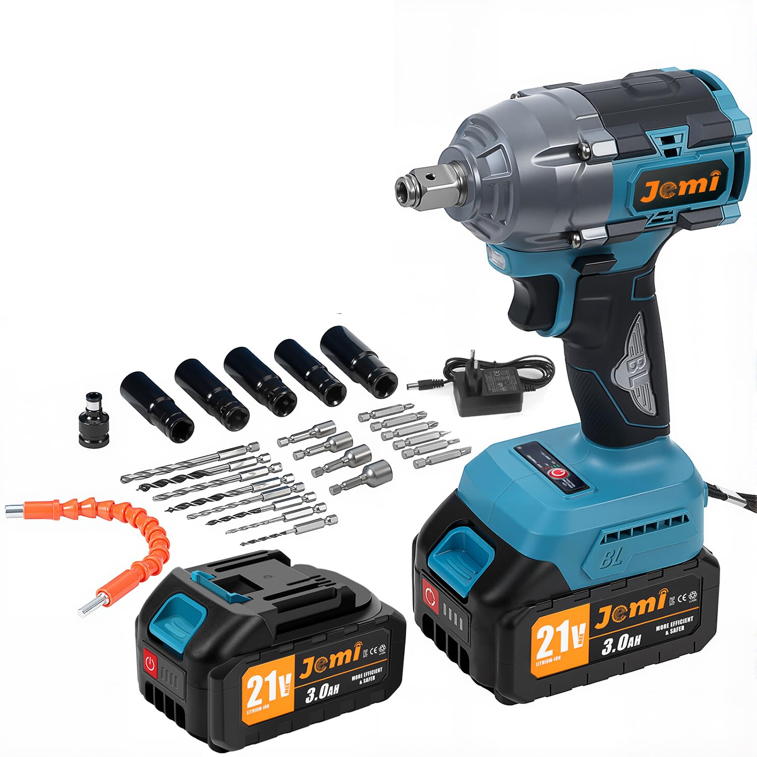 Chiave a urto senza fili 21V 1000Nm, avvitatore a urto 1/2", avvitatore con 2 batterie da 3000 mAh, motore senza spazzole, kit completo accessori, LED