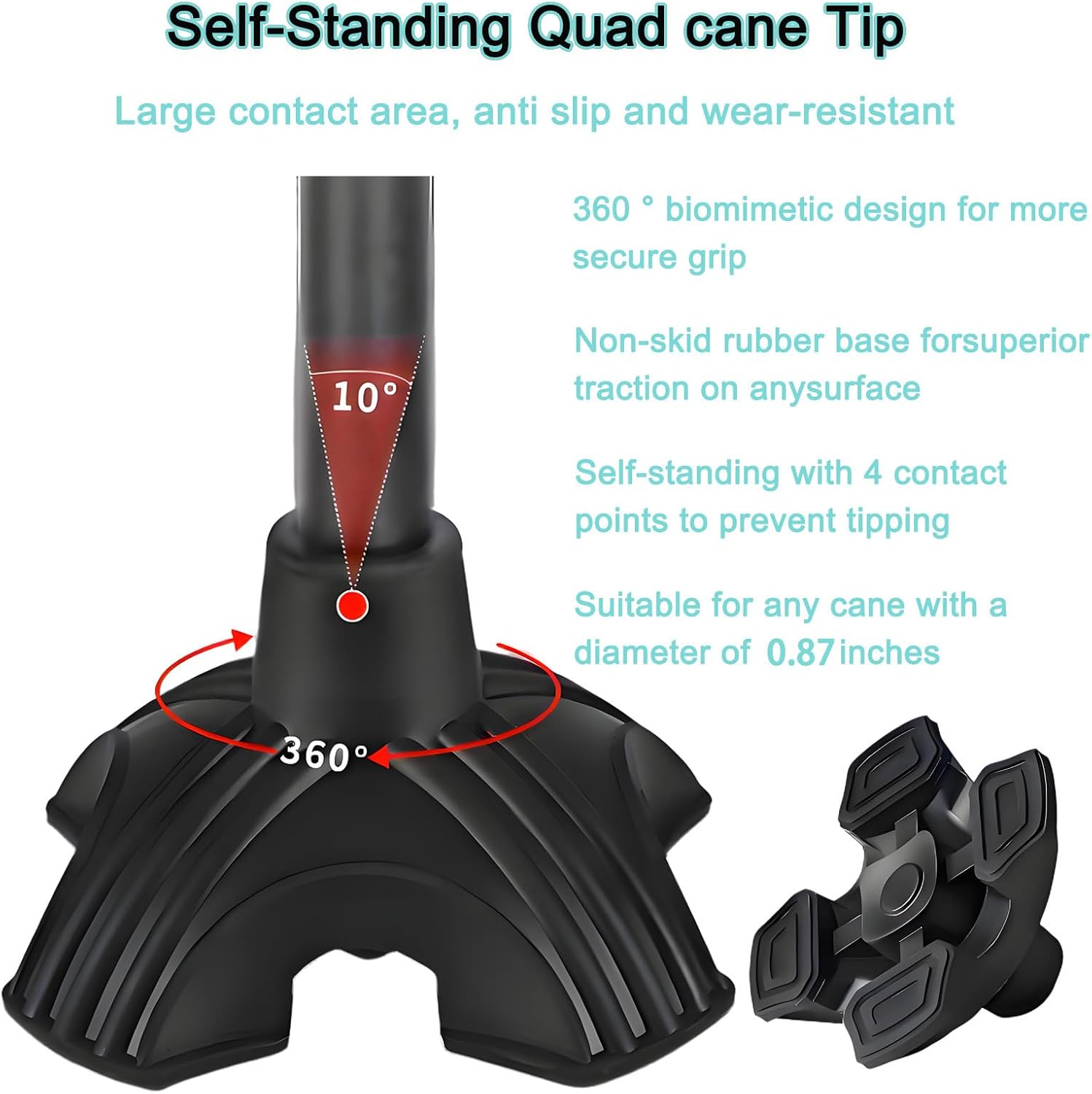 Cane Tips for Stability, Self Standing Cane Base for Most 0.87" Walking Canes, Walking Sticks, Folding Canes, Non-Slip Replacement Quad Canes Tip, Heavy Duty 4 Prong Rubber Foot Pad