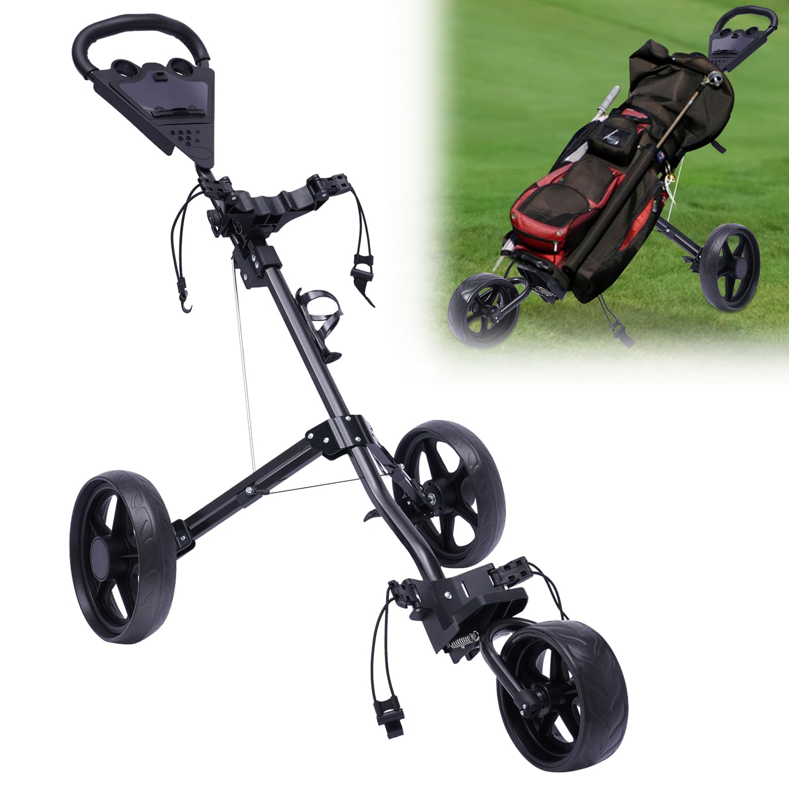 LYNICESHOP 3 Wheel Push Pull Golf Cart w/Foot Brake, Golf Trolley with Adjustable Straps, One Second to Open & Close, Cup Holder Included (Deluxe Edition)