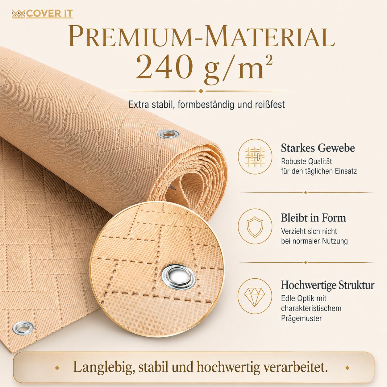 COVER IT Balkon Sichtschutz Premium 240g/m2 nach Maß 115 cm Beige