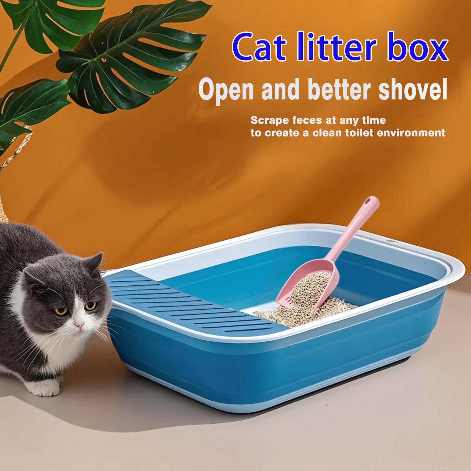 9PCS-Collapsible Kitten Litter Box,Open Cat Potty Pan with Scoop Foldable,Shallow Cat Toilet Anti-Splashing Low,Entrance Travel Litter Box with Falling Sand PedalBlue