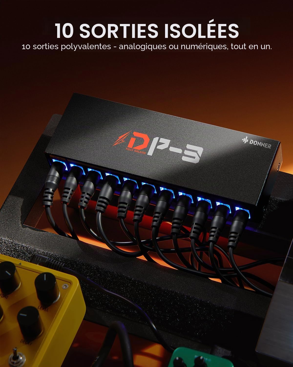Donner DP-3 Alimentation pour pédales d’effet guitare avec 10 sorties DC isolées pour pédales 9V/12V/18V (100mA/300mA/500mA)