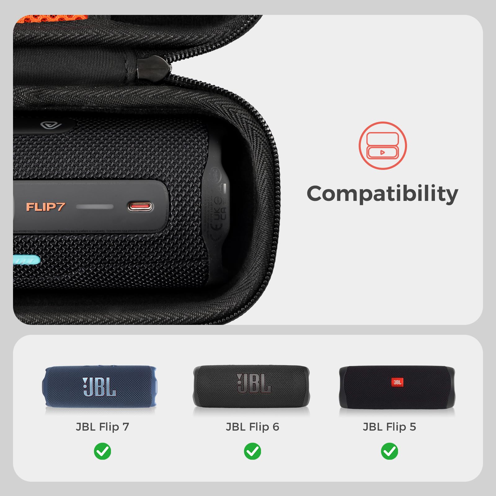 ProCase Custodia da Trasporto per JBL Flip 7/JBL Tuner 2, Duro Custodia da Viaggio Protettiva Impermeabile con Tracolla per Flip 7/6/5 Speaker Bluetooth -Nero(Solo Caso)