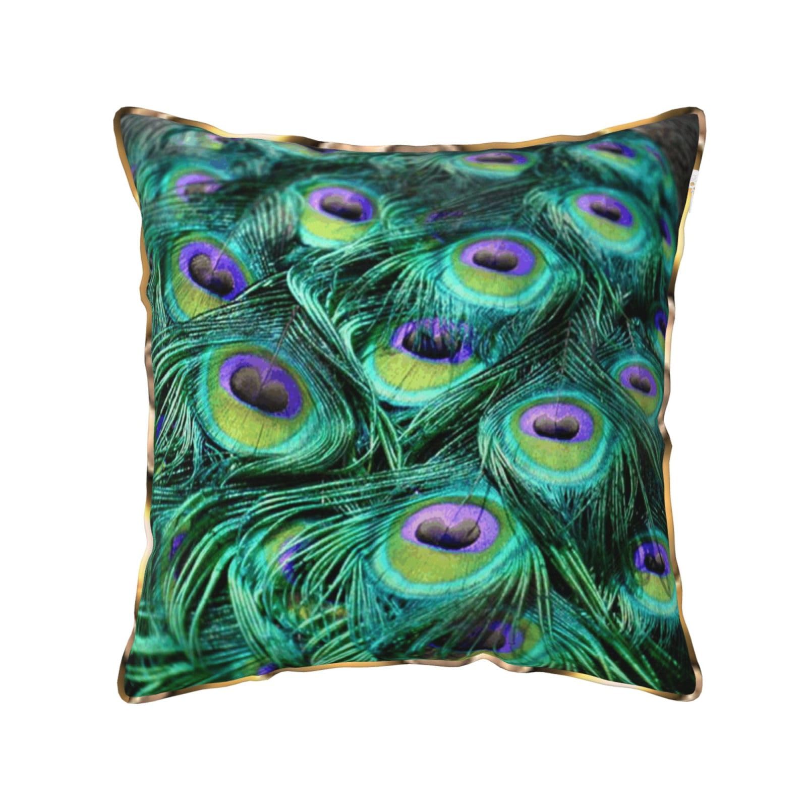 AUBKFELD Green Peacock Feather Printed Velvet Cushion Cover 45x45 CM with Gold Edging Strip, Square Pillowcase Soft Throw Pillow Covers Case Decorative for Living Room Sofa Couch Bed Bench